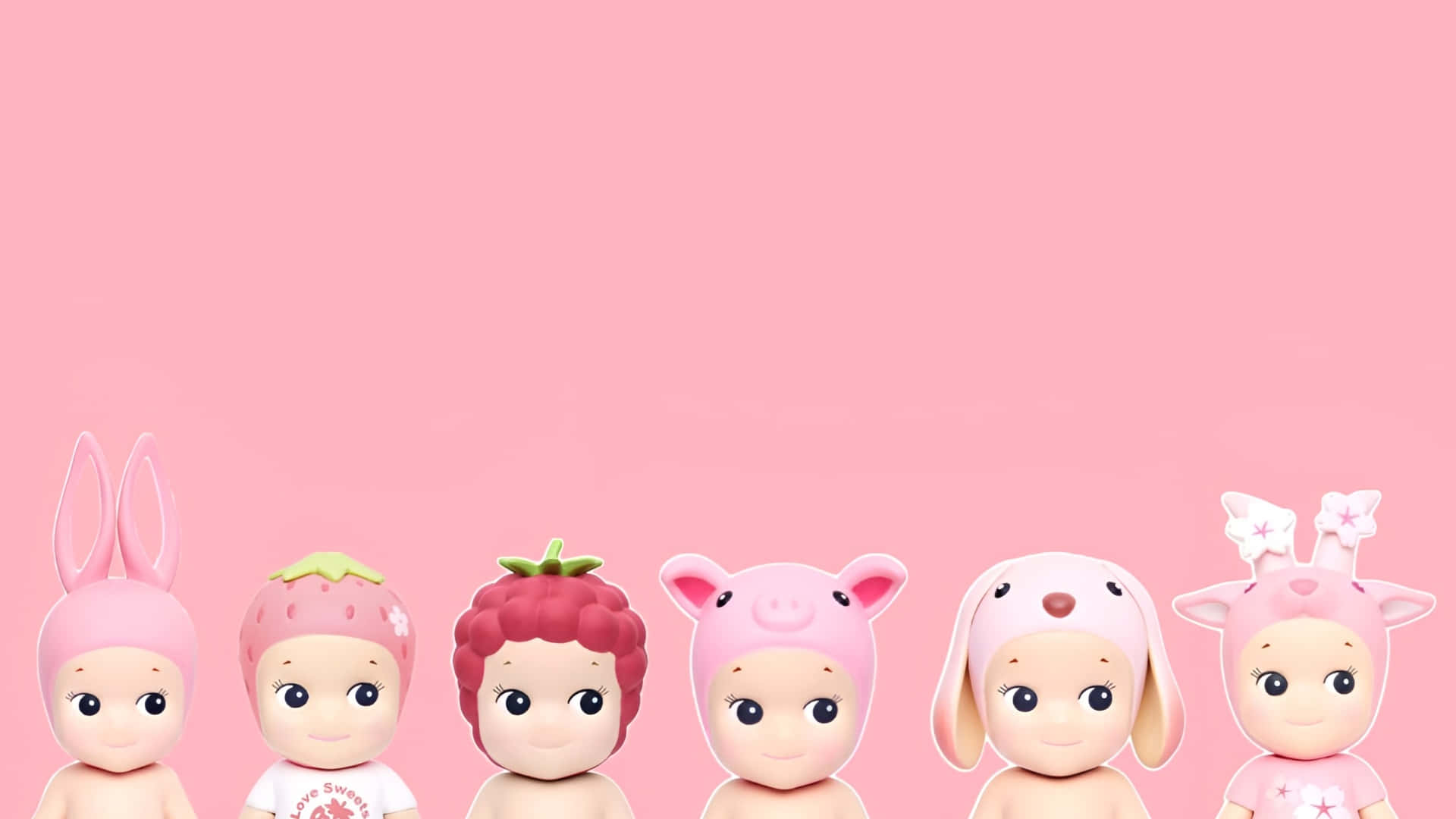 Sonny Angel, pink-themed baby dolls, animal hats, Full HD Desktop Wallpaper