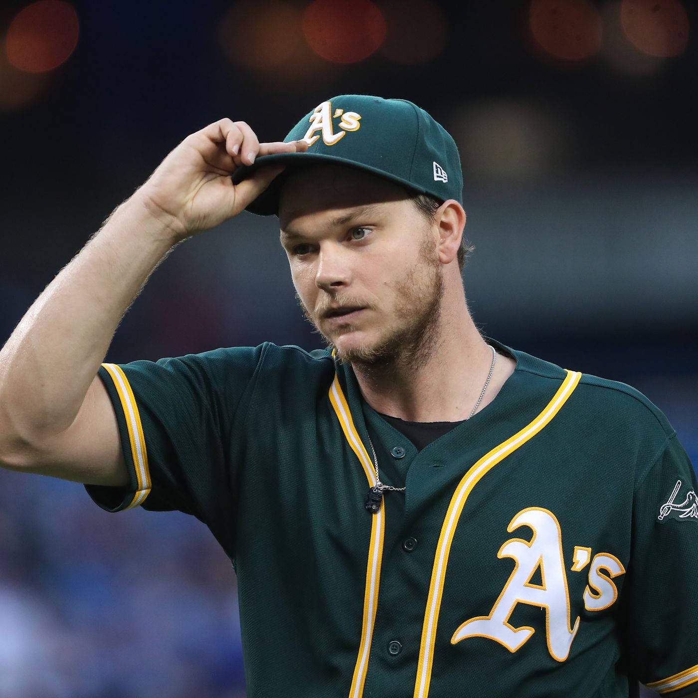 Sonny Gray, green A's uniform, stadium lights, HD Desktop Wallpaper