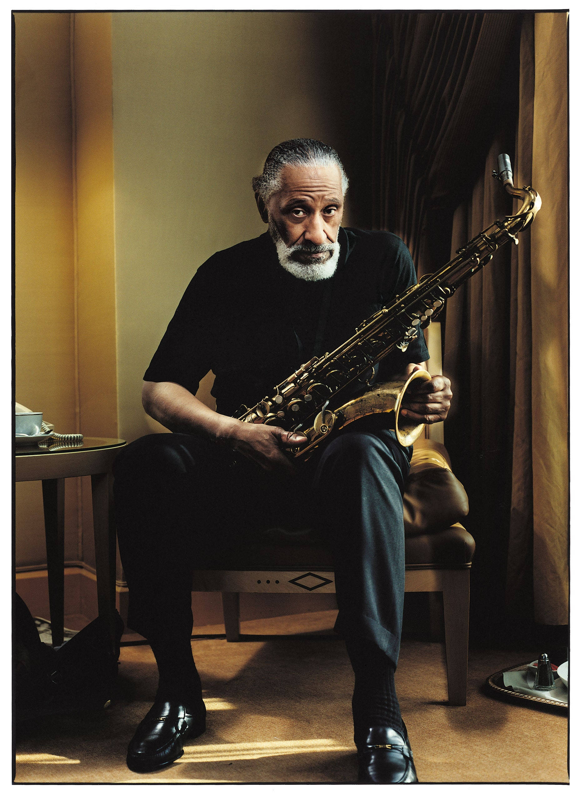 Sonny Rollins, golden saxophone, white beard, 2K Phone Wallpaper