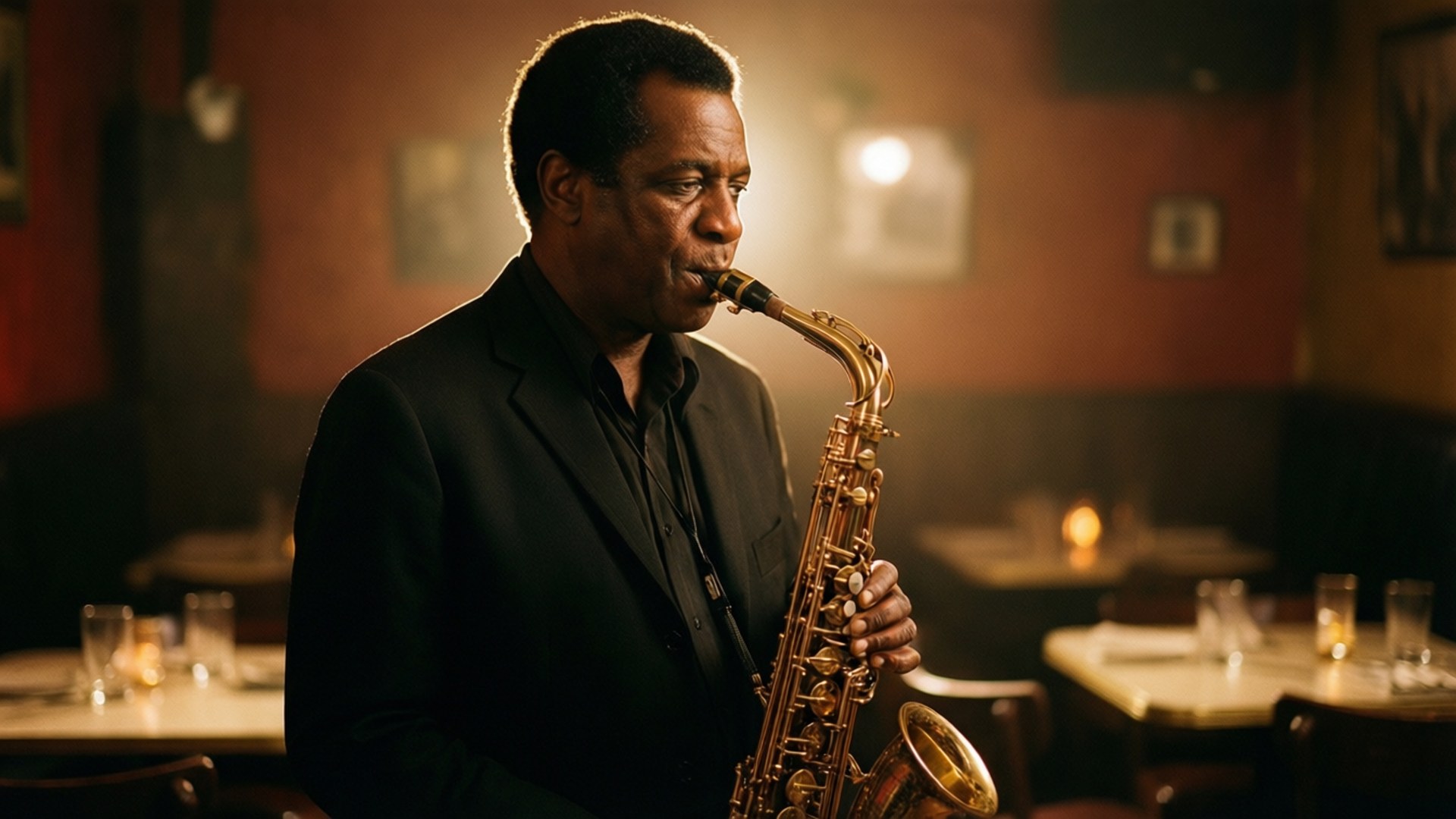 golden saxophone, warm spotlight, dimly lit jazz club, Full HD Desktop Wallpaper