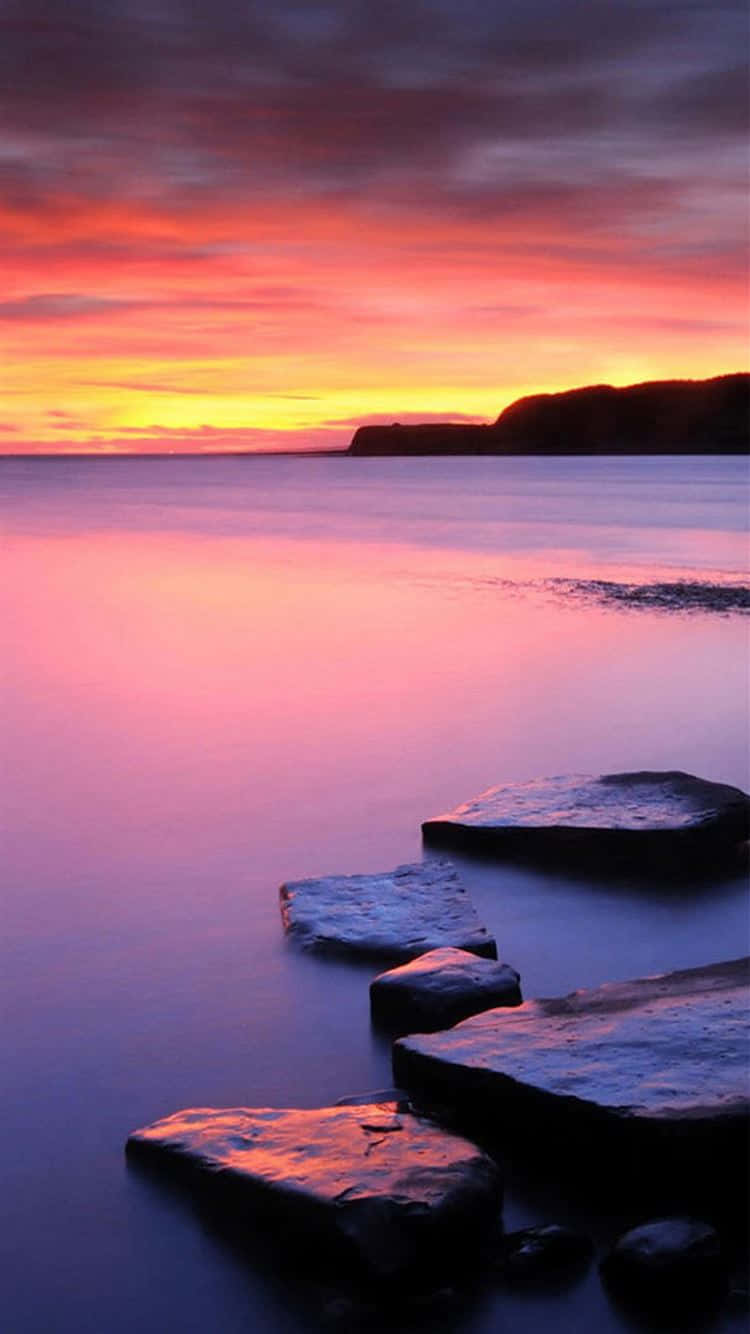 serene sunset, fiery orange and purple hues, calm water, HD Phone Wallpaper