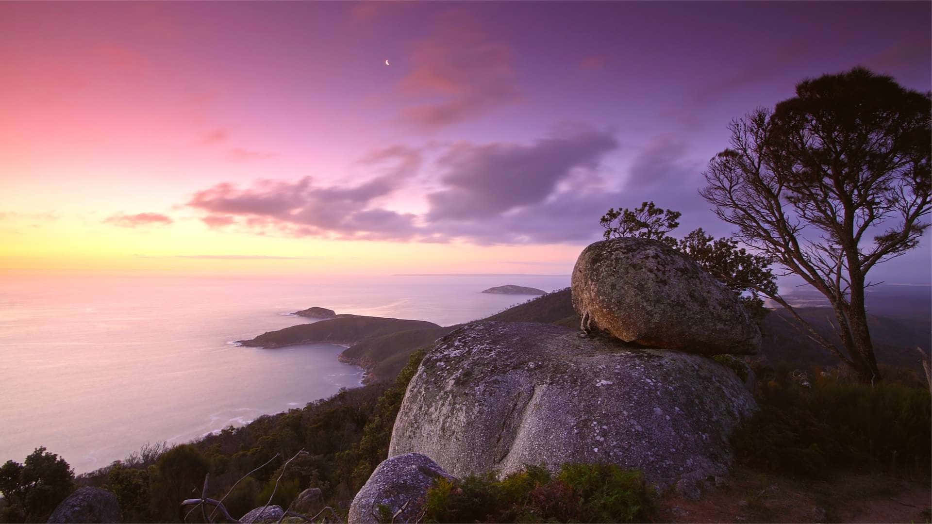 coastal sunset, purple and pink skies, ocean cliffs, Full HD Desktop Wallpaper