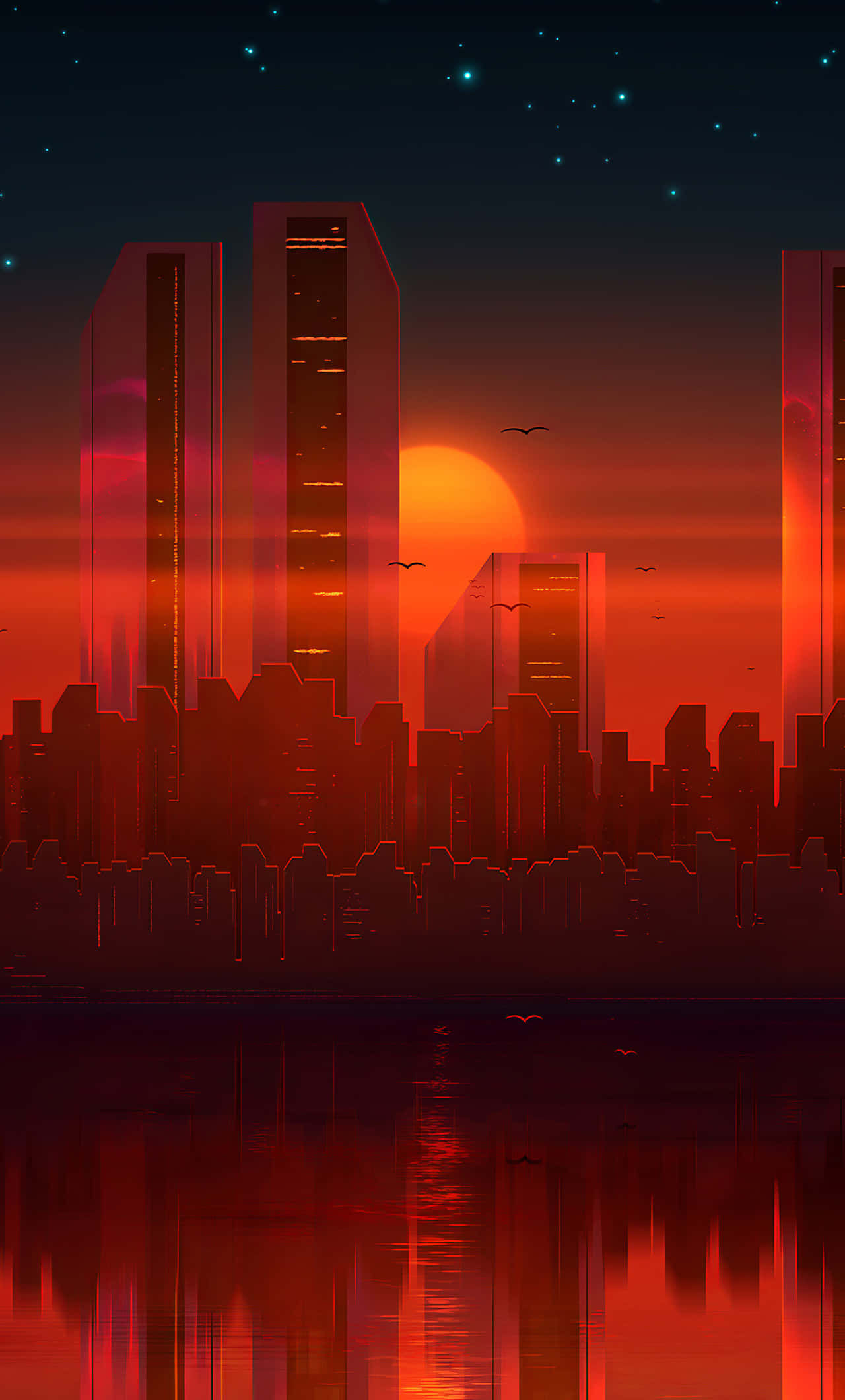 futuristic city skyline, sunset, towering skyscrapers, Full HD Phone Wallpaper
