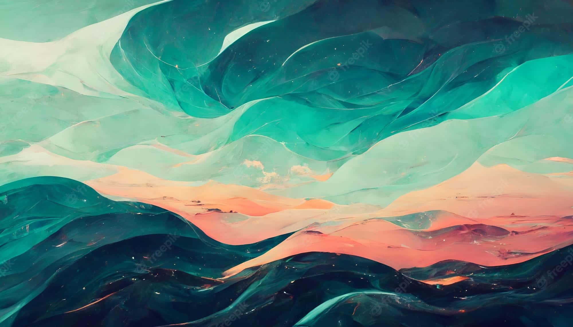 teal, peach, waves, Full HD Desktop Wallpaper