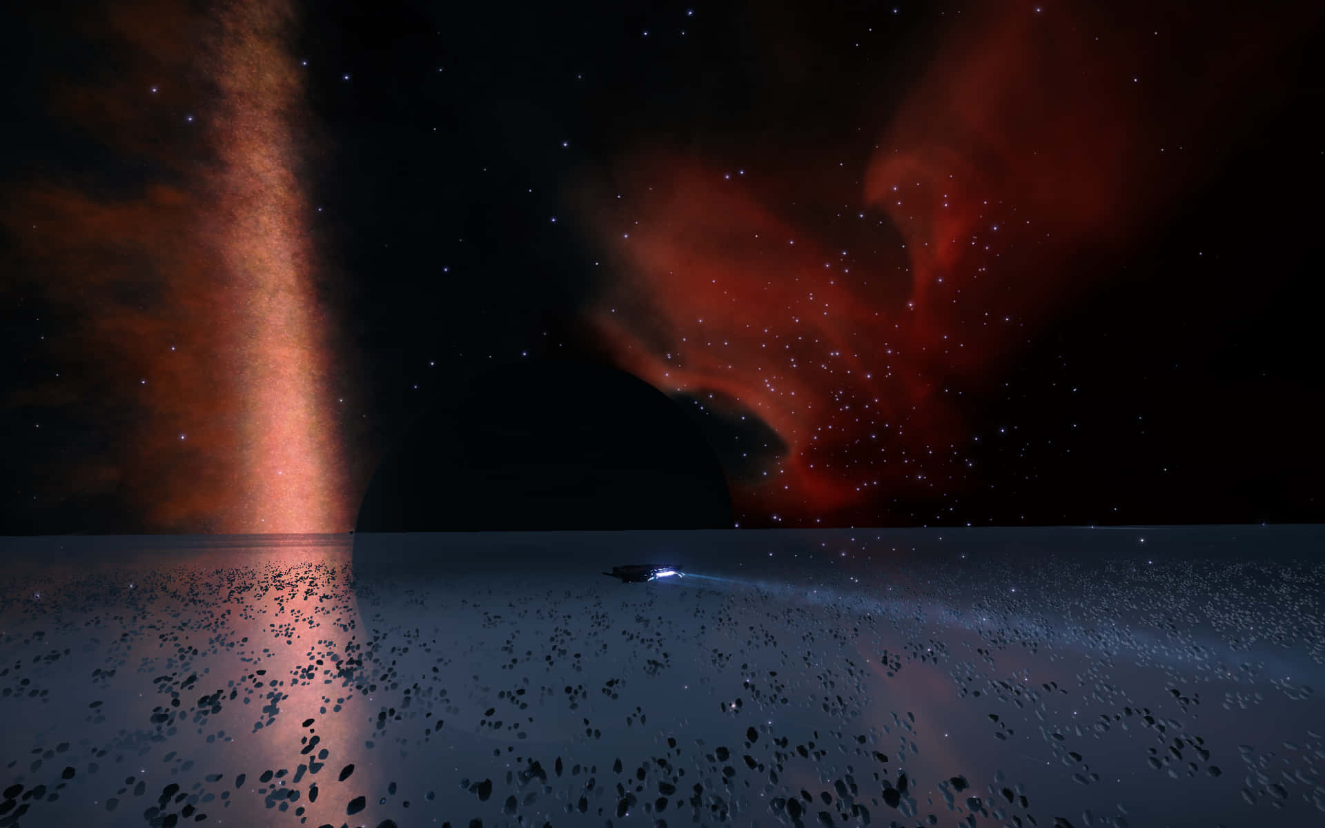 spacecraft, starry cosmic sea, glowing red and orange nebulae, Full HD Desktop Wallpaper