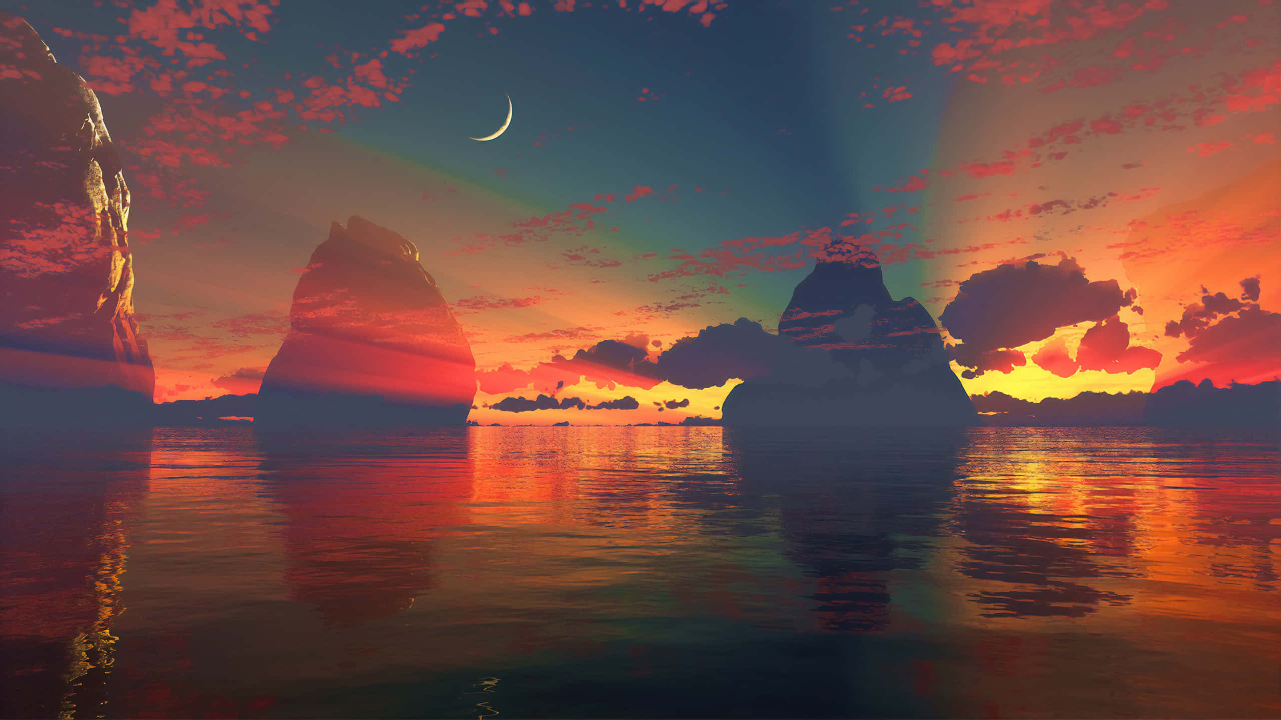 surreal sunset, icy peaks, crescent moon, 2K Desktop Wallpaper