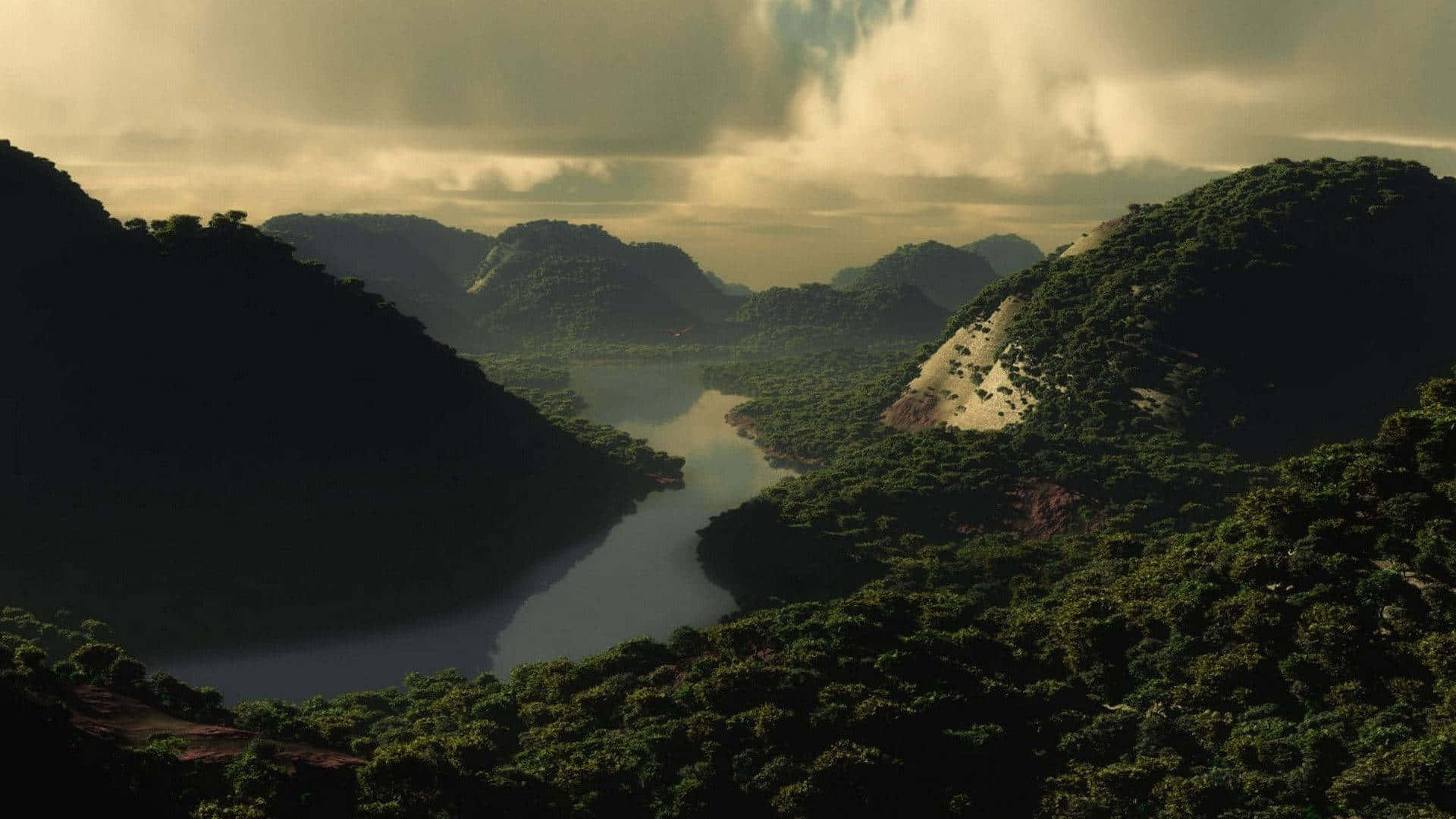winding river, lush green mountains, dramatic cloudy sky, Full HD Desktop Wallpaper