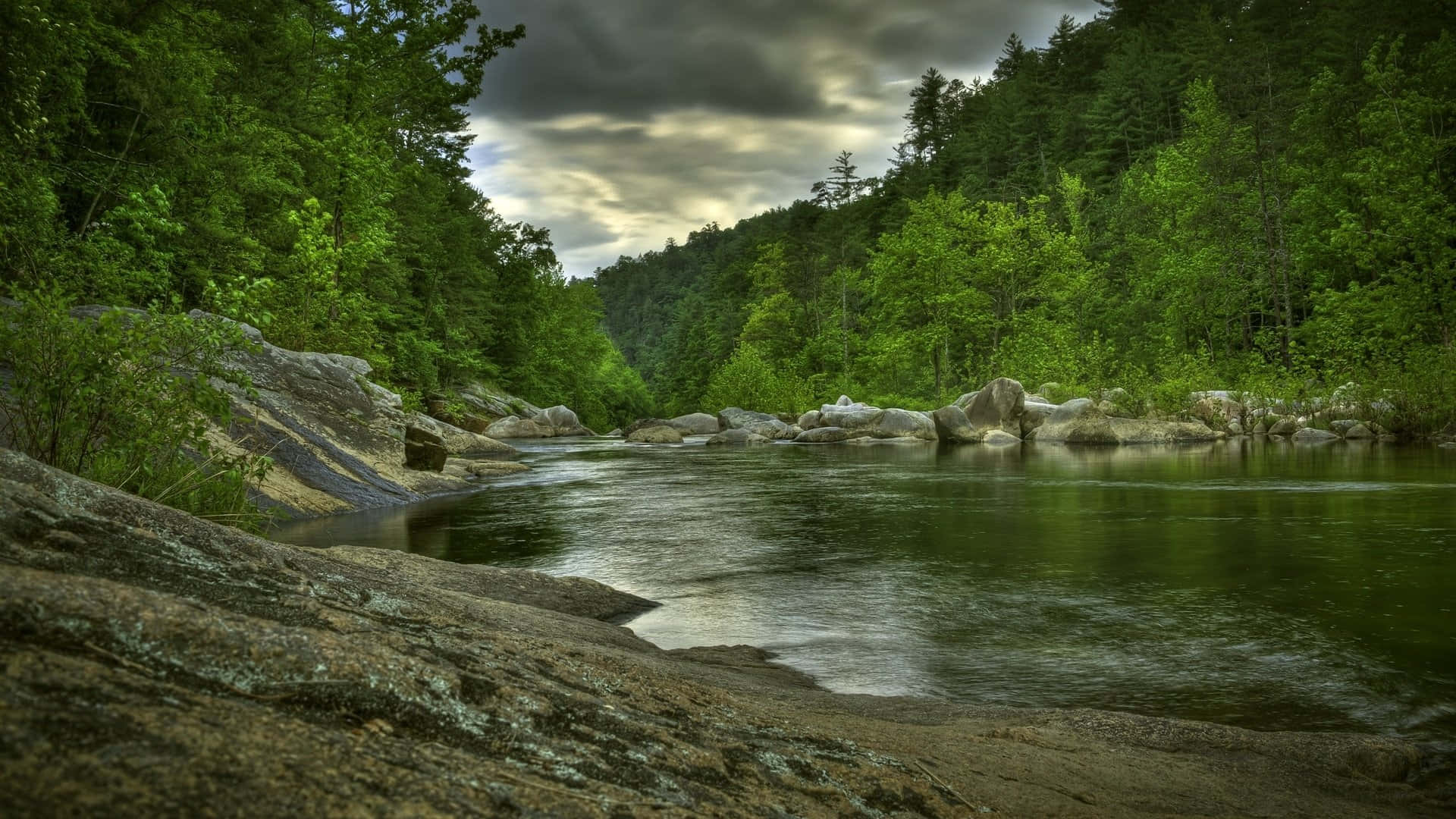 serene river, lush green forest, dramatic cloudy sky, Full HD Desktop Wallpaper