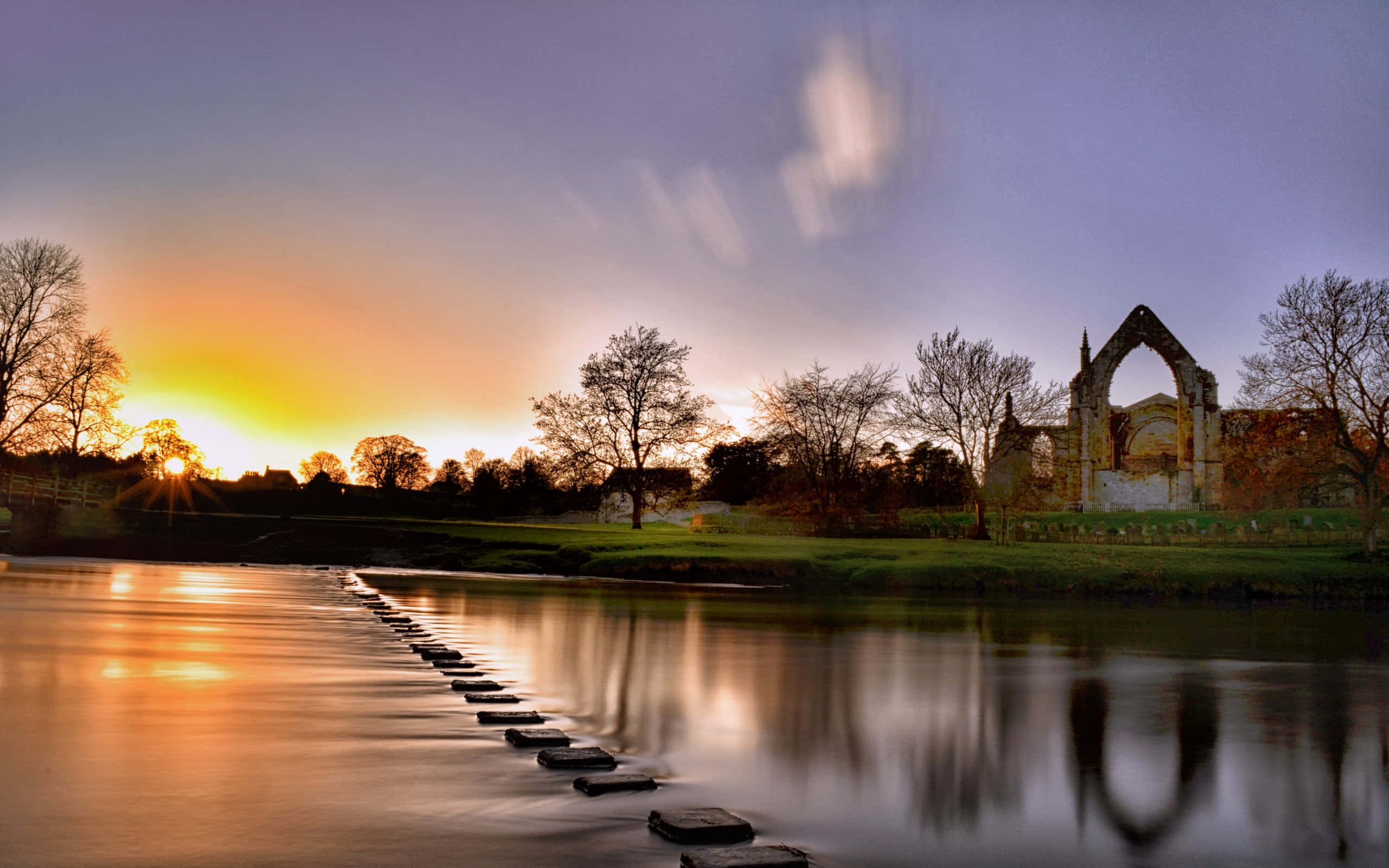 Sunset, ancient stone ruins, calm water, 2K Desktop Wallpaper