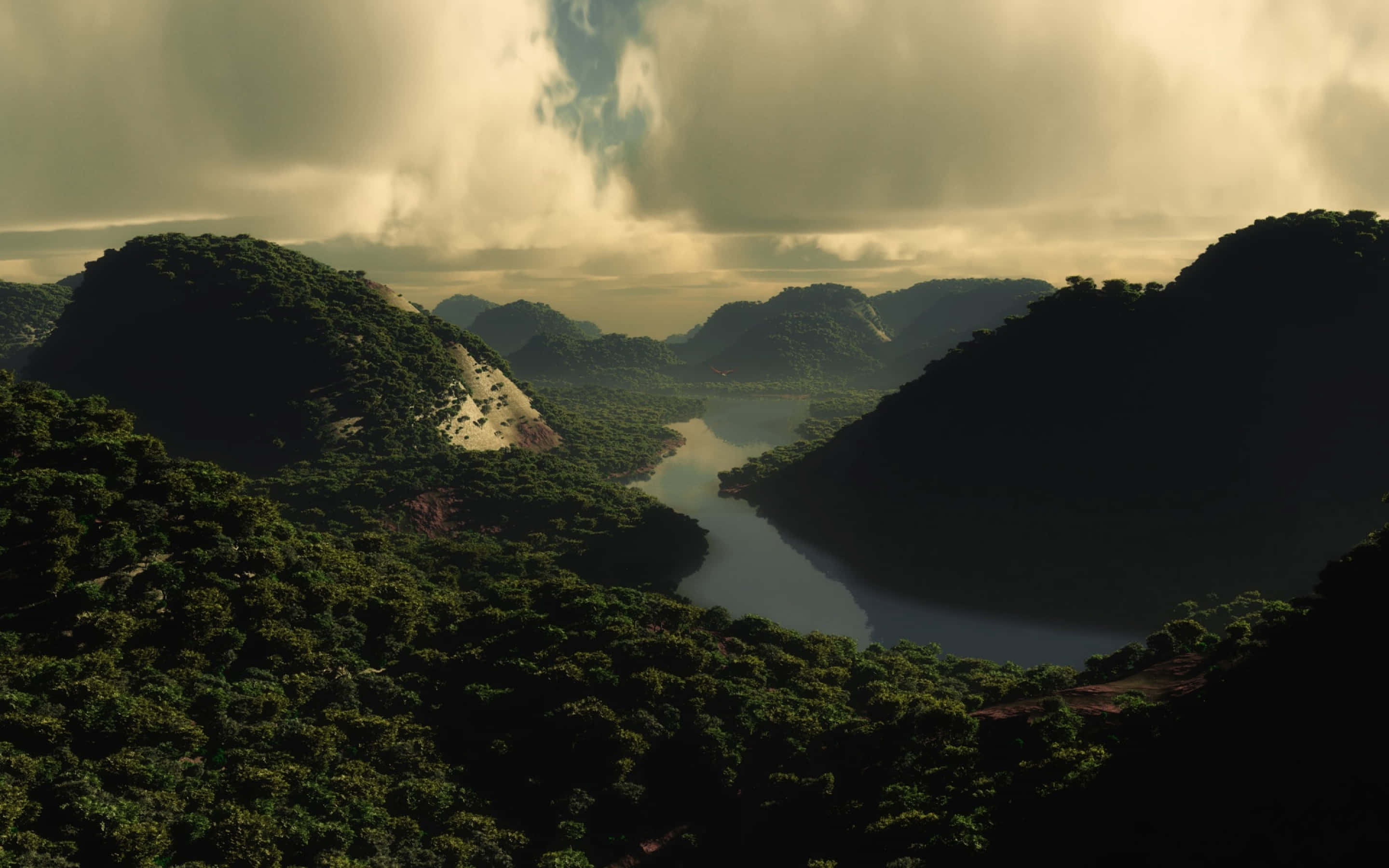 winding river, lush green mountains, dramatic cloudy sky, 2K Desktop Wallpaper