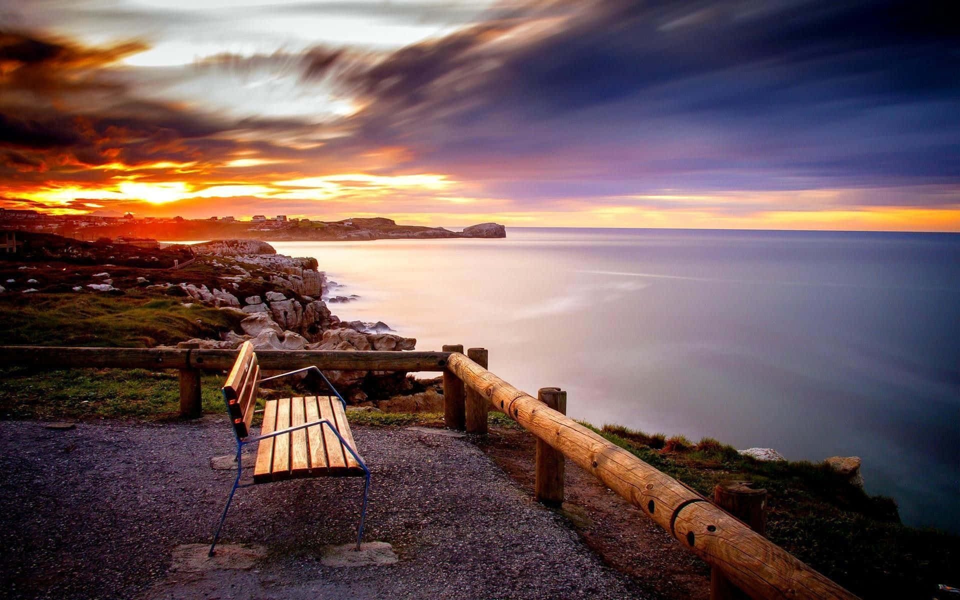 wooden bench, serene ocean, sunset, Full HD Desktop Wallpaper