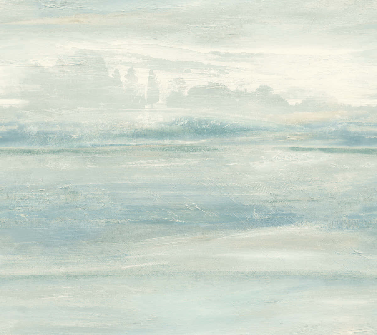 misty coastal landscape, pale blue and white hues, distant silhouetted trees, SD Desktop Wallpaper