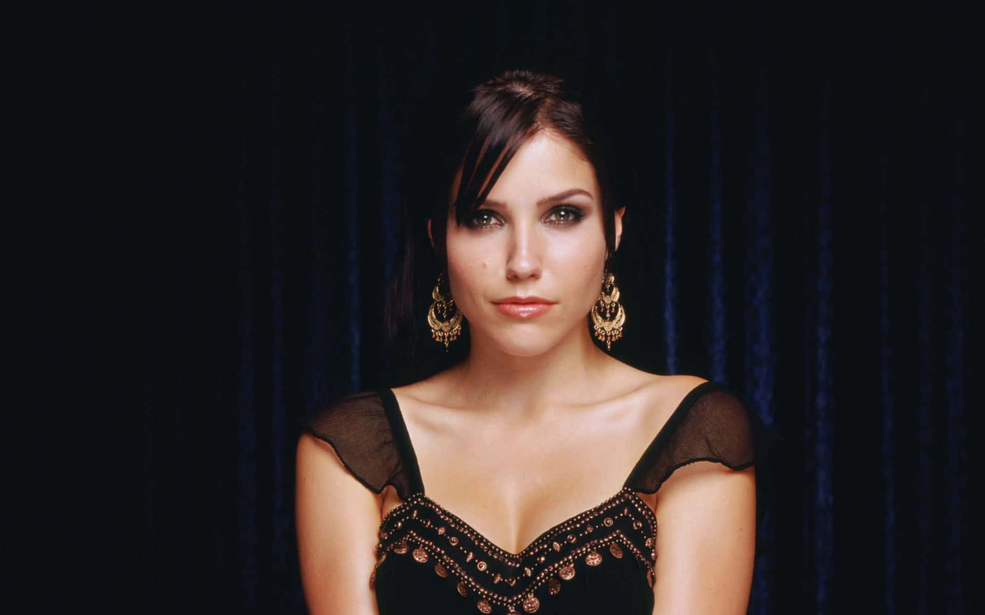 sophia bush, black beaded dress, gold earrings, Full HD Desktop Wallpaper