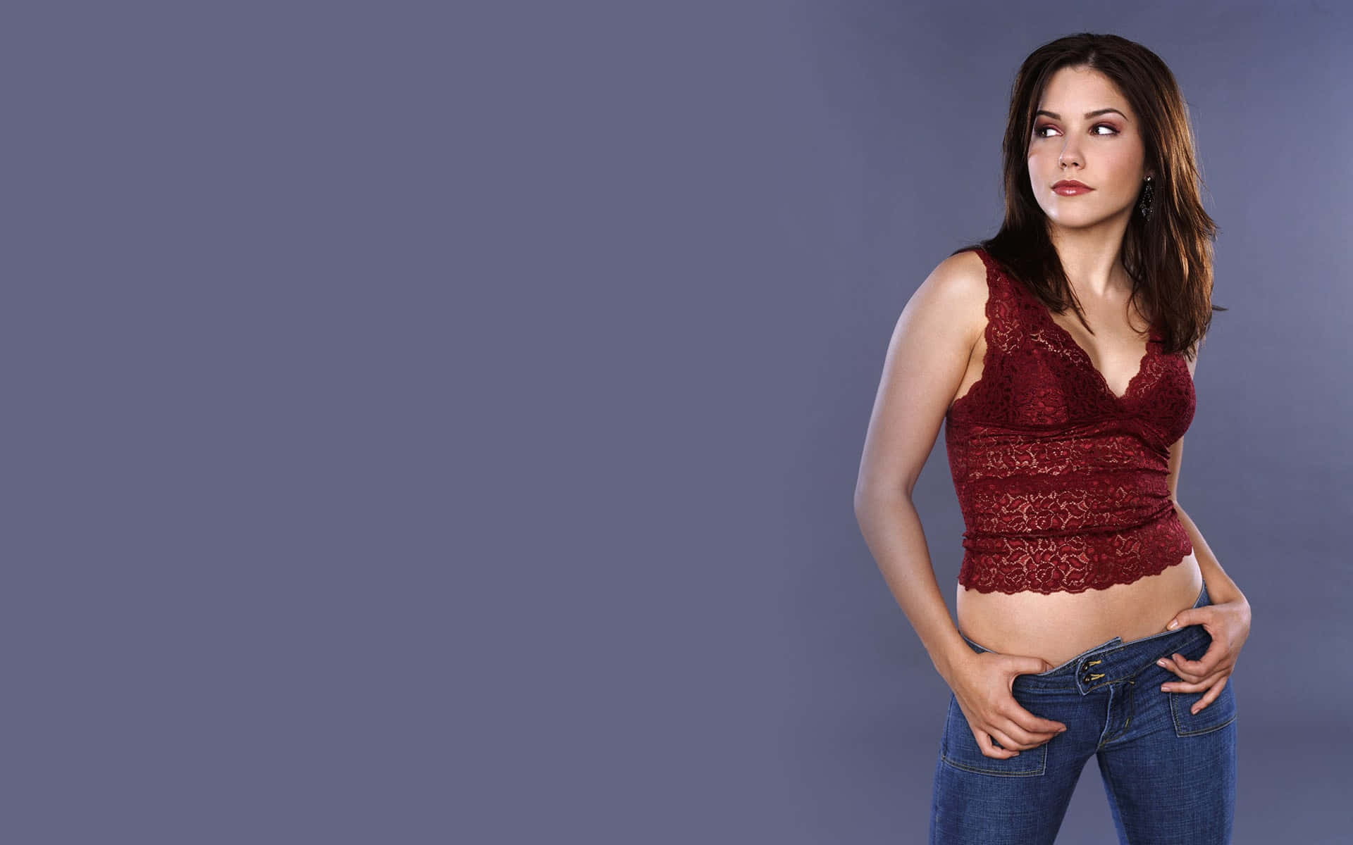 Sophia Bush, red lace top, jeans, Full HD Desktop Wallpaper
