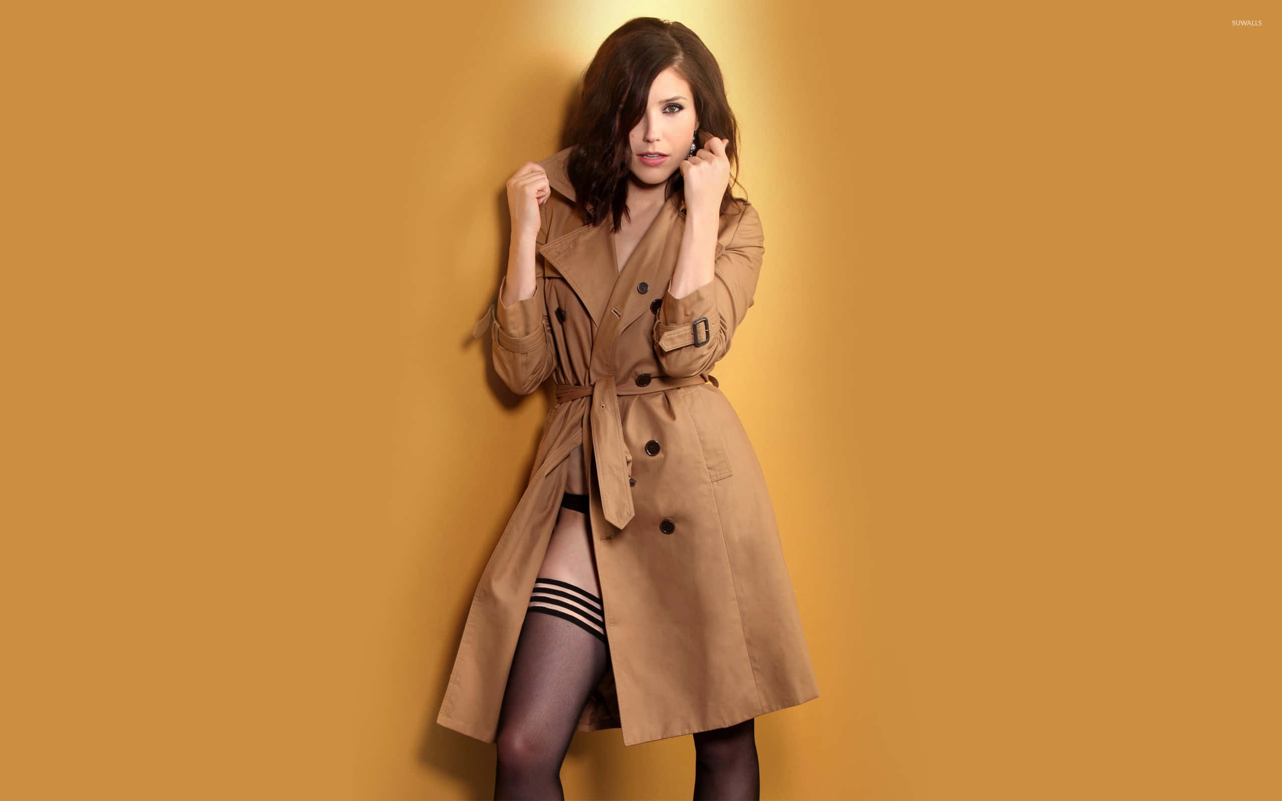 Sophia Bush, tan trench coat, warm orange wall, 2K Desktop Wallpaper