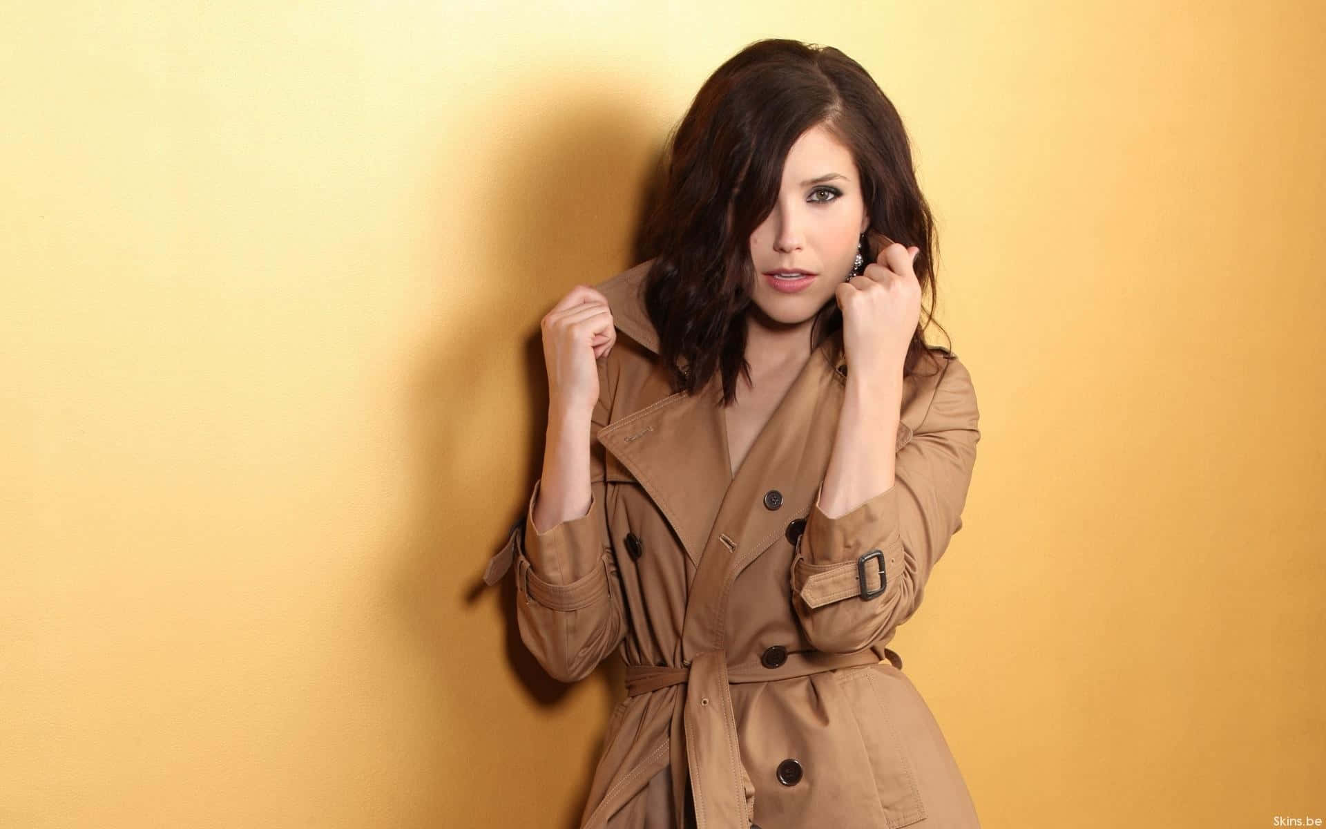 sophia bush, tan trench coat, warm yellow wall, Full HD Desktop Wallpaper