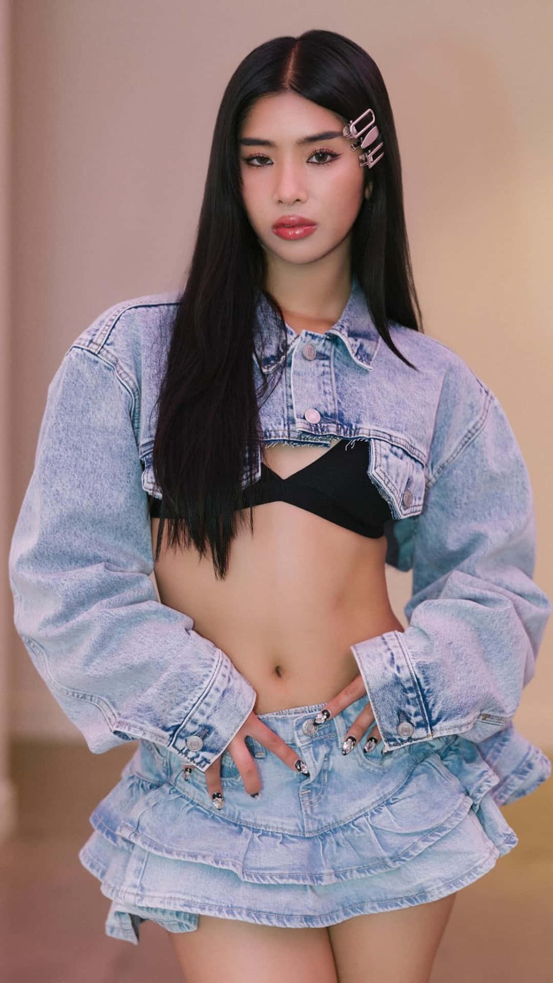 Sophia Katseye, denim cropped jacket, ruffled mini skirt, Full HD Phone Wallpaper