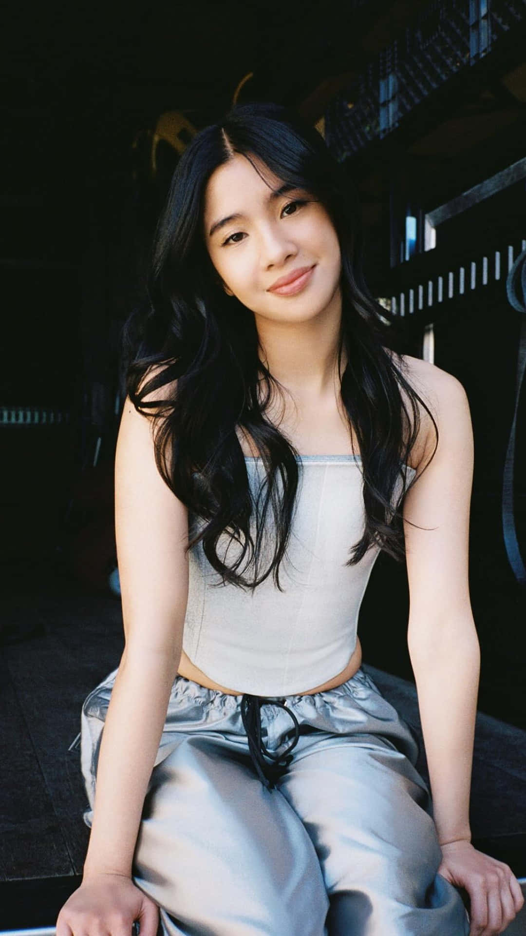 Sophia Katseye, light gray crop top, shiny silver pants, Full HD Phone Wallpaper
