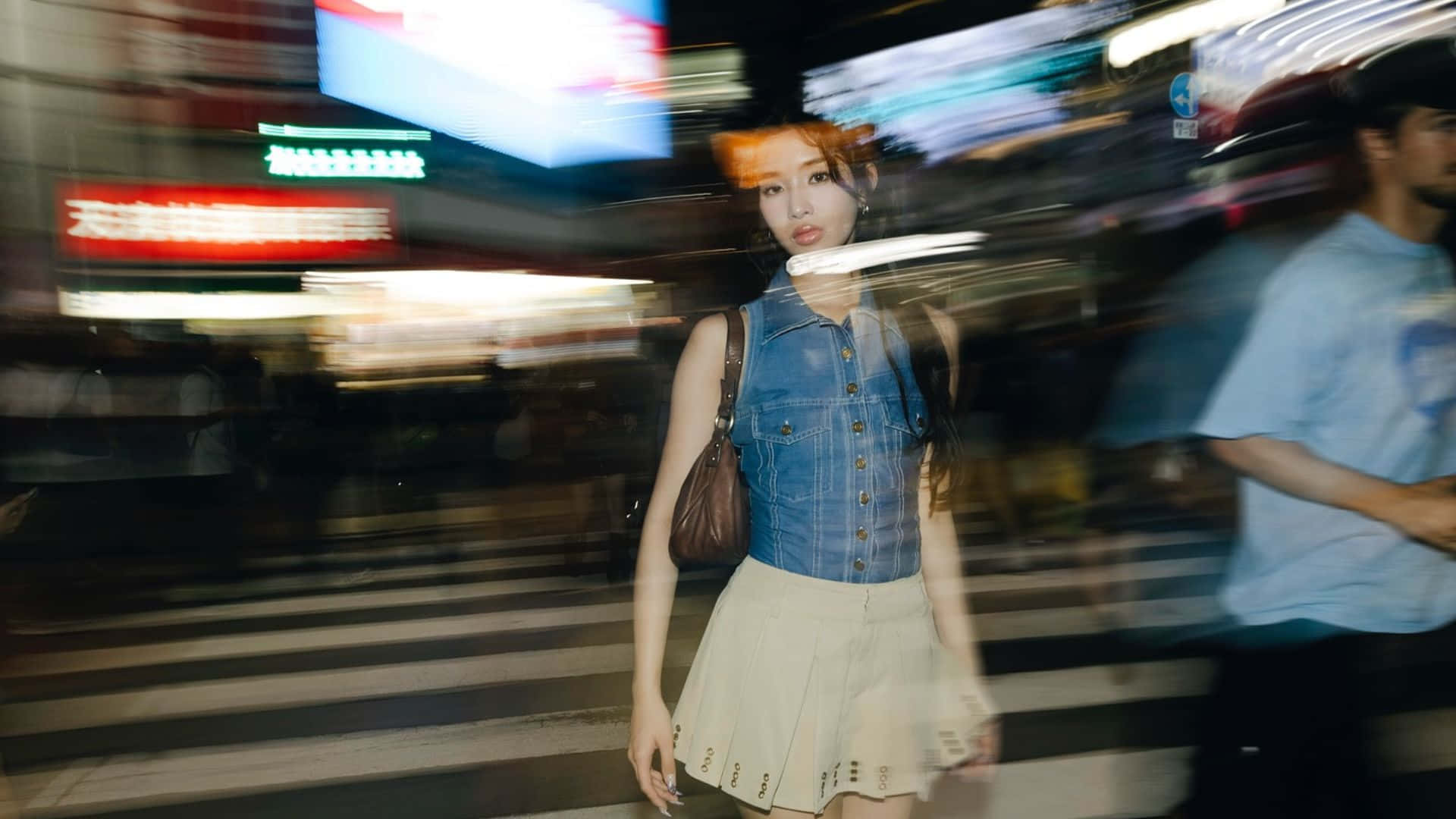Sophia Katseye, denim vest, white skirt, Full HD Desktop Wallpaper