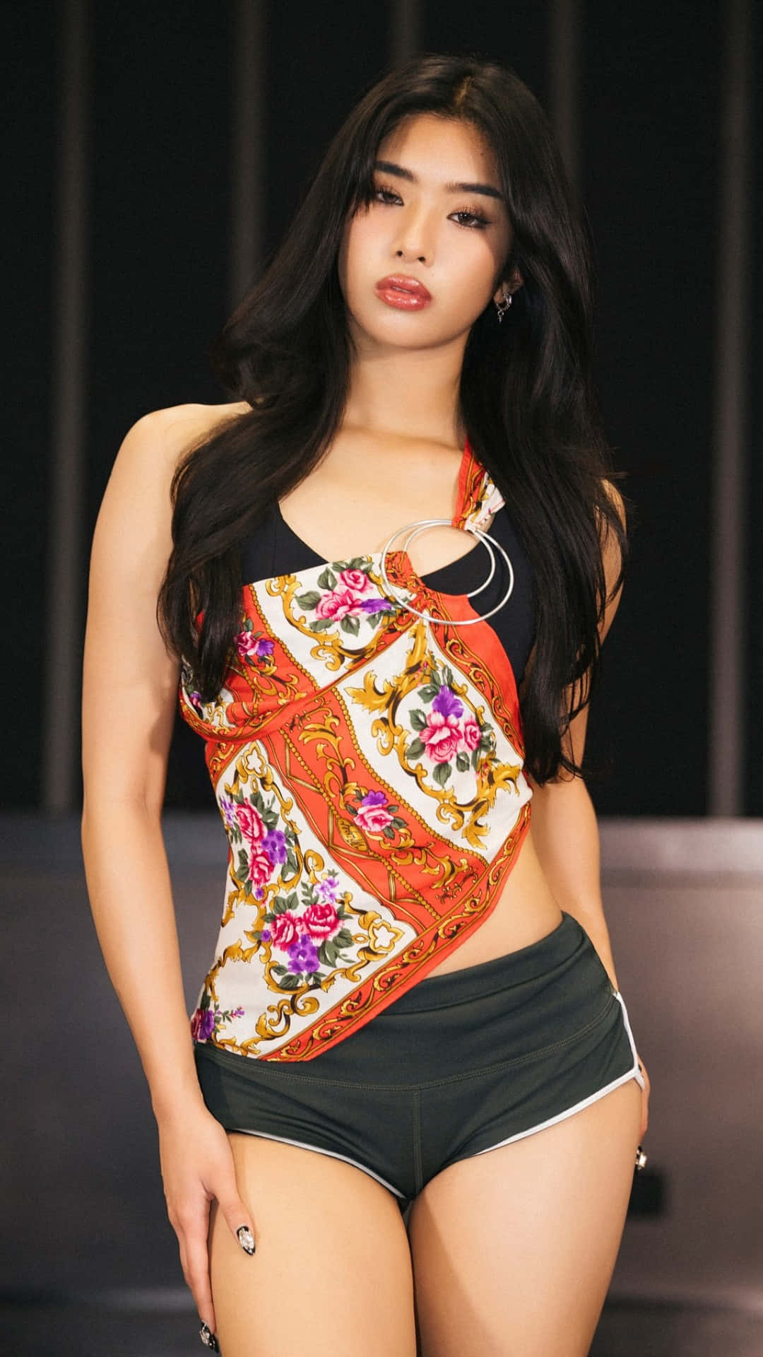 Sophia Katseye, floral patterned top, large hoop earrings, Full HD Phone Wallpaper