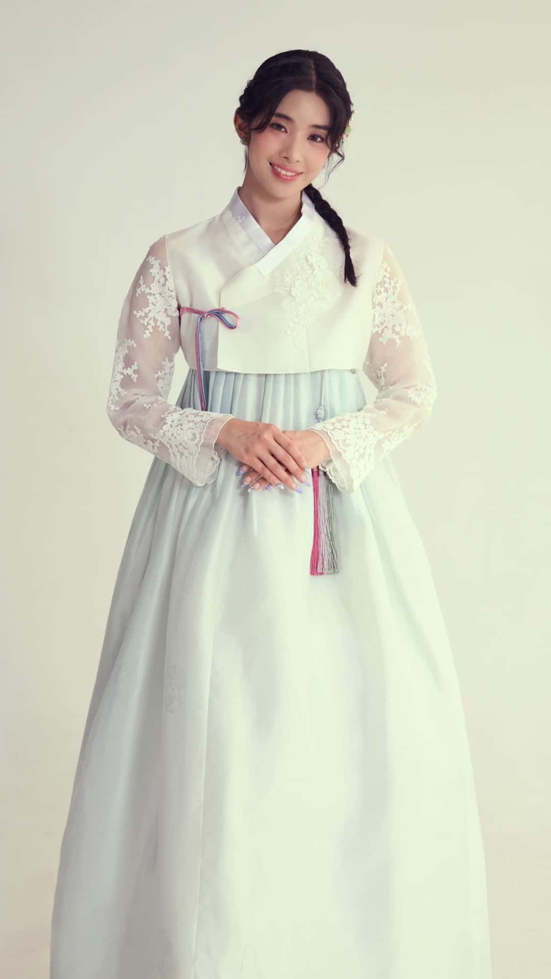 Sophia Katseye, traditional hanbok, white and light blue, Full HD Phone Wallpaper