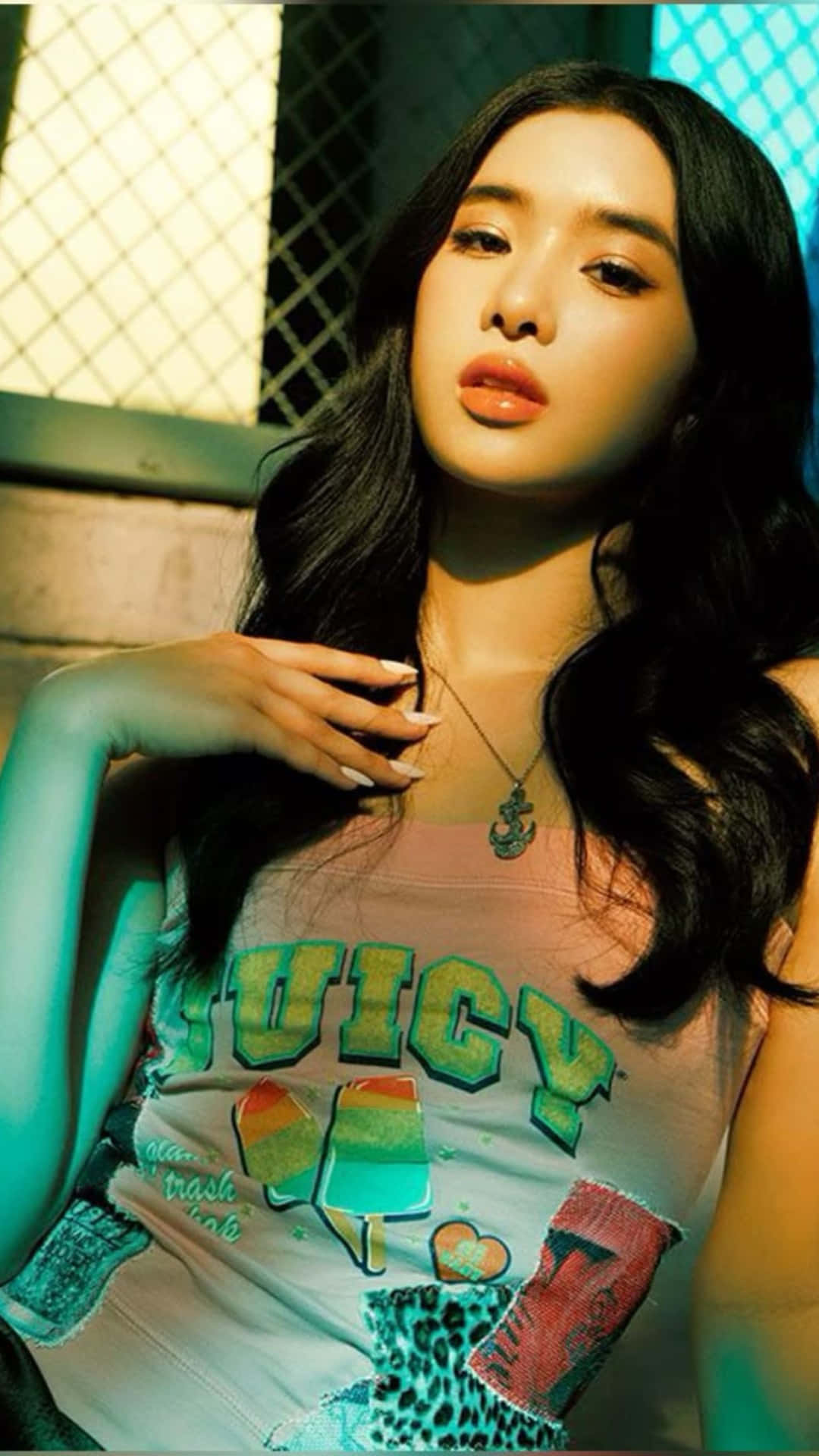 Sophia Katseye, colorful patched tank top, grid-patterned window, Full HD Phone Wallpaper