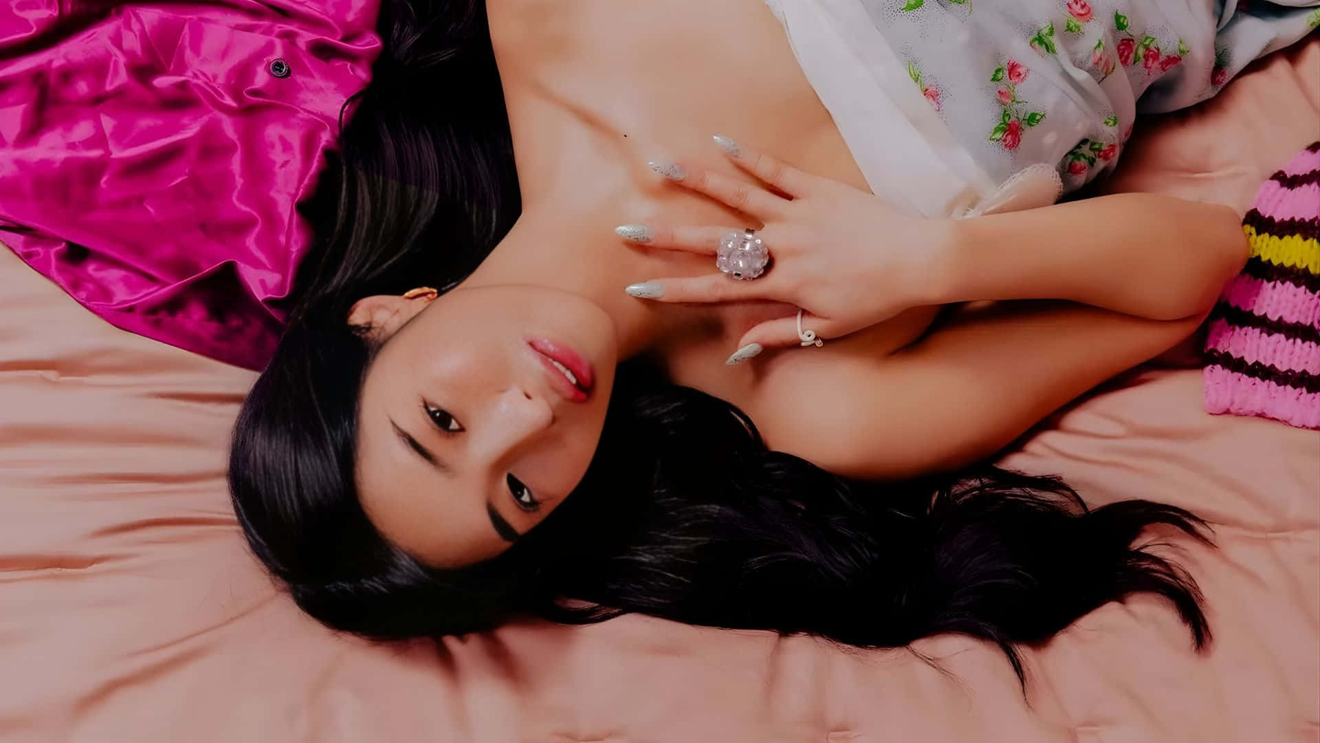Sophia Katseye, pink bed, floral top, Full HD Desktop Wallpaper