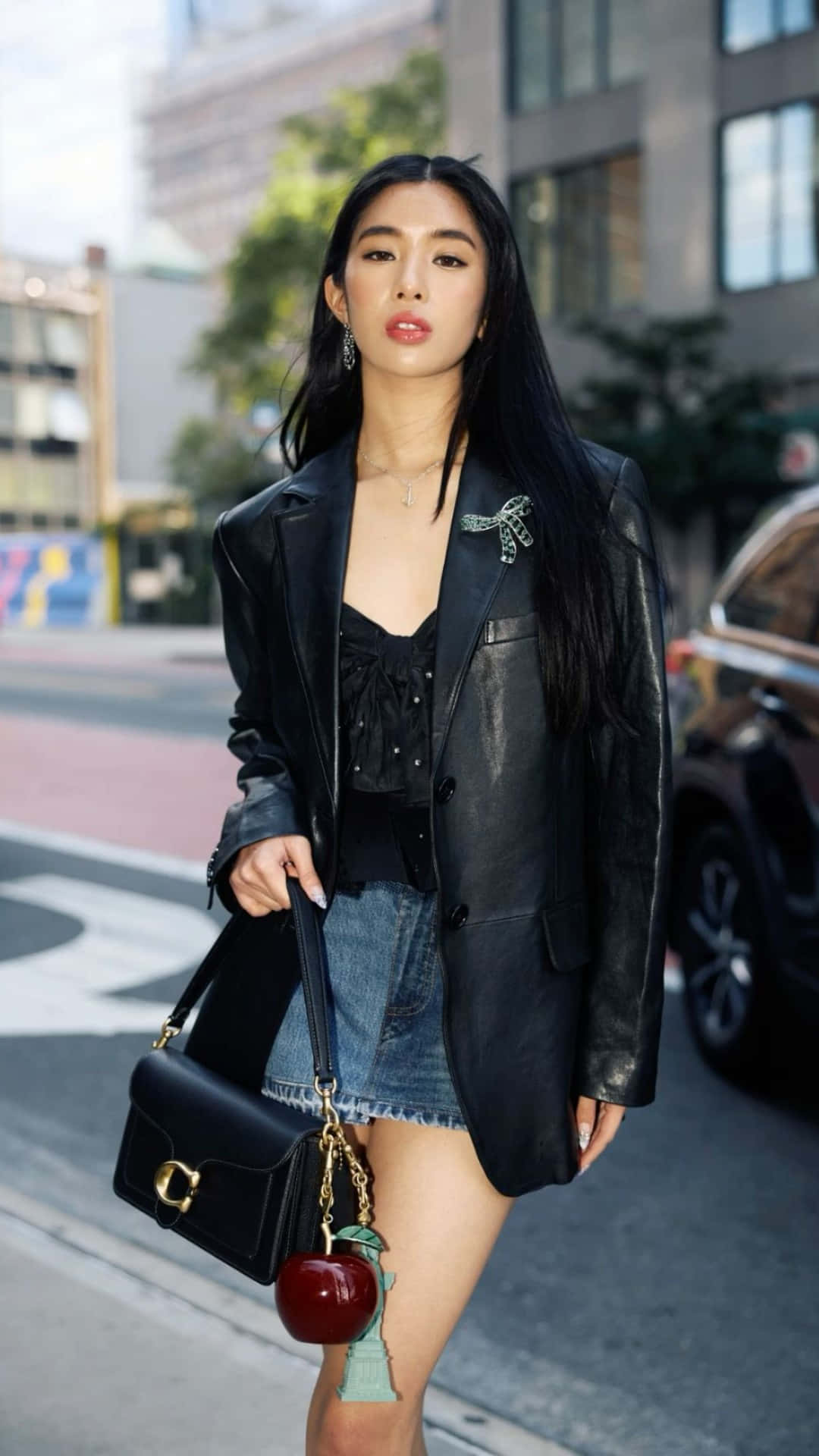 Sophia Katseye, black leather blazer, denim shorts, Full HD Phone Wallpaper