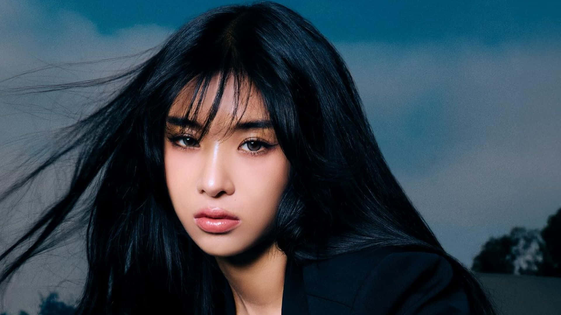 Sophia Katseye, long black hair, moody blue sky, Full HD Desktop Wallpaper