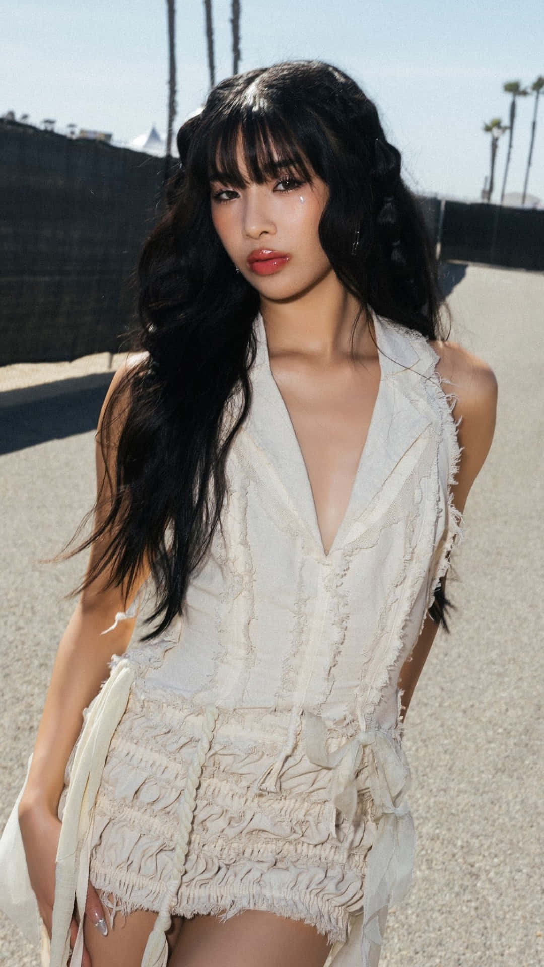 Sophia Katseye, frayed cream romper, palm trees, Full HD Phone Wallpaper