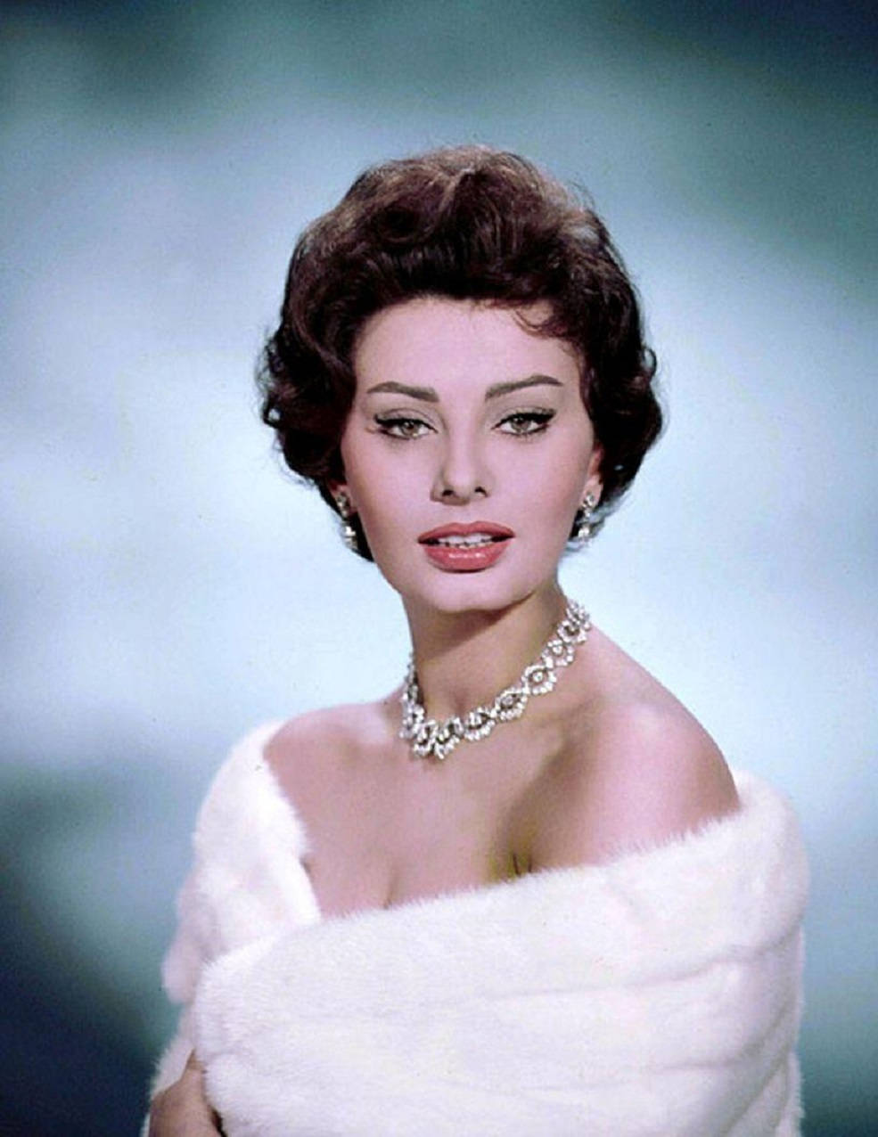 Sophia Loren, dark curled hair, white fur stole, SD Phone Wallpaper