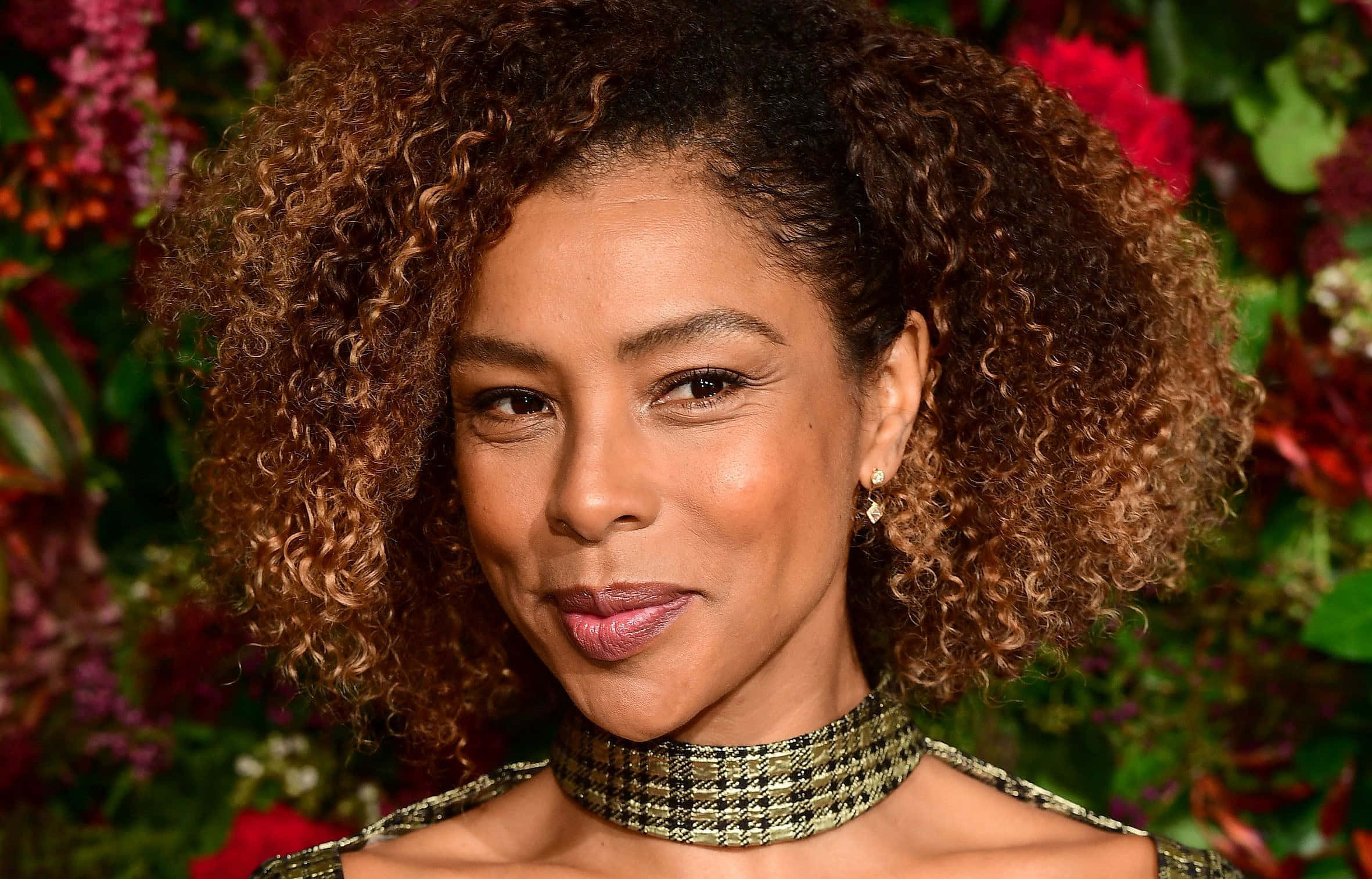 Sophie Okonedo, red gown, voluminous curly hair, Full HD Desktop Wallpaper