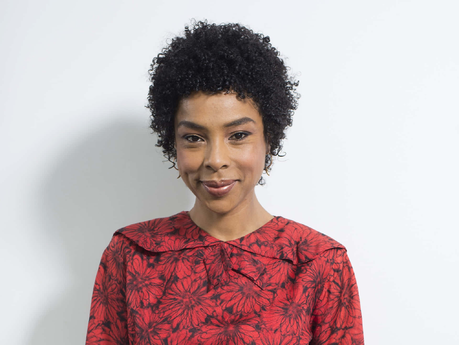 Sophie Okonedo, curly black hair, red floral blouse, Full HD Desktop Wallpaper