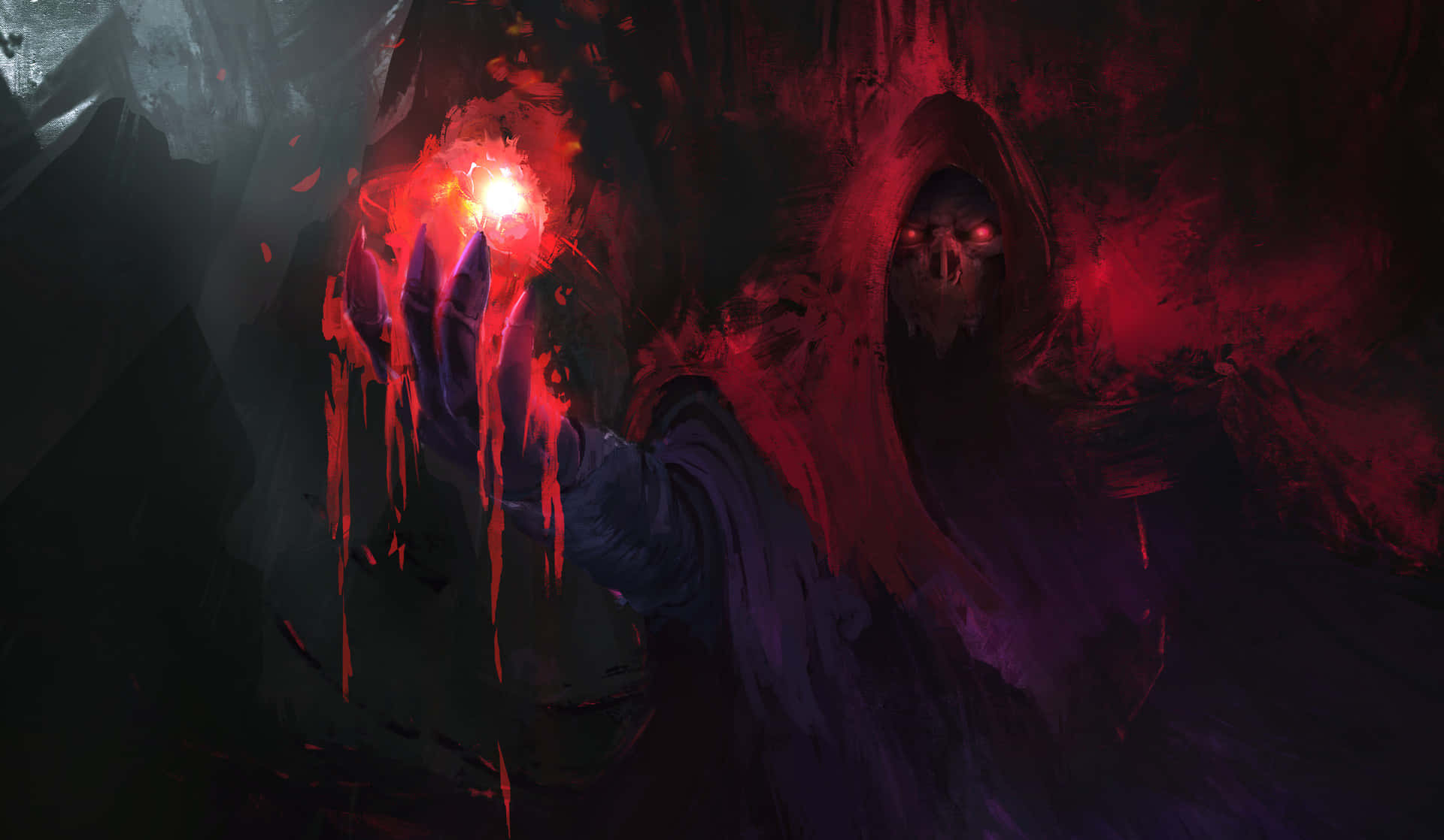 Sorcerer, hooded skeletal figure, glowing red eyes, Full HD Desktop Wallpaper