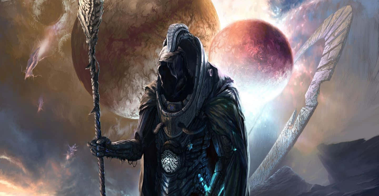 Sorcerer, cosmic landscape, glowing planets, HD Desktop Wallpaper