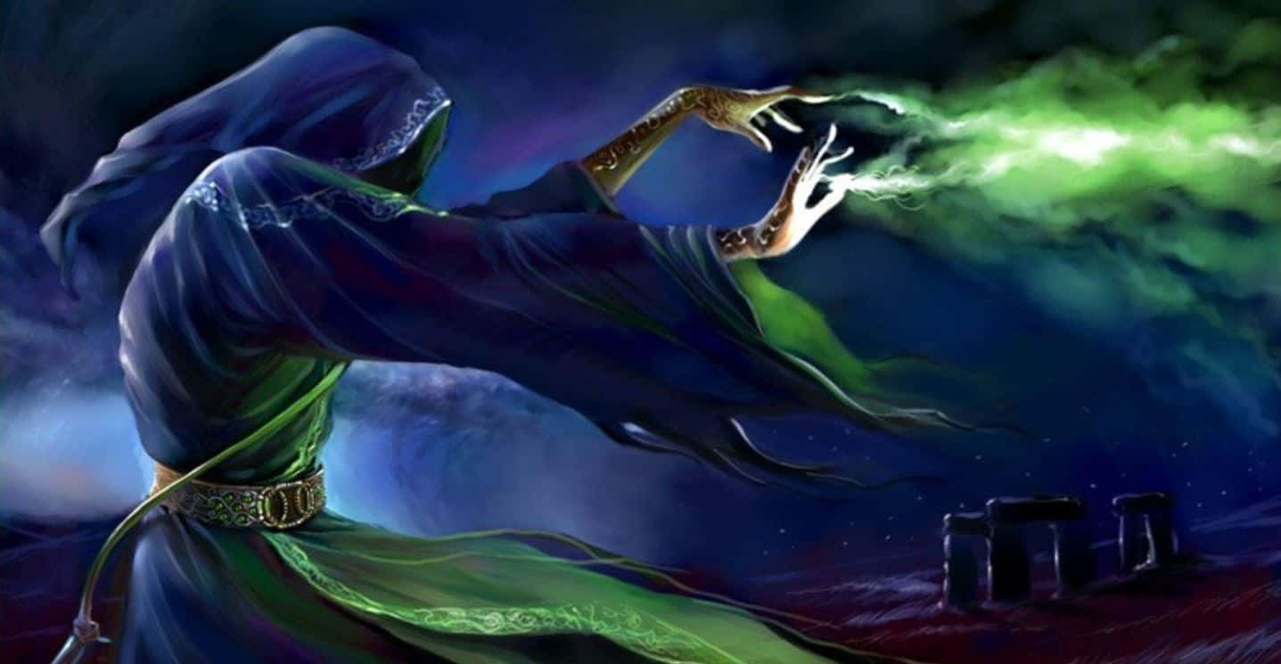 Sorcerer, glowing green magic, starry night sky, HD Desktop Wallpaper