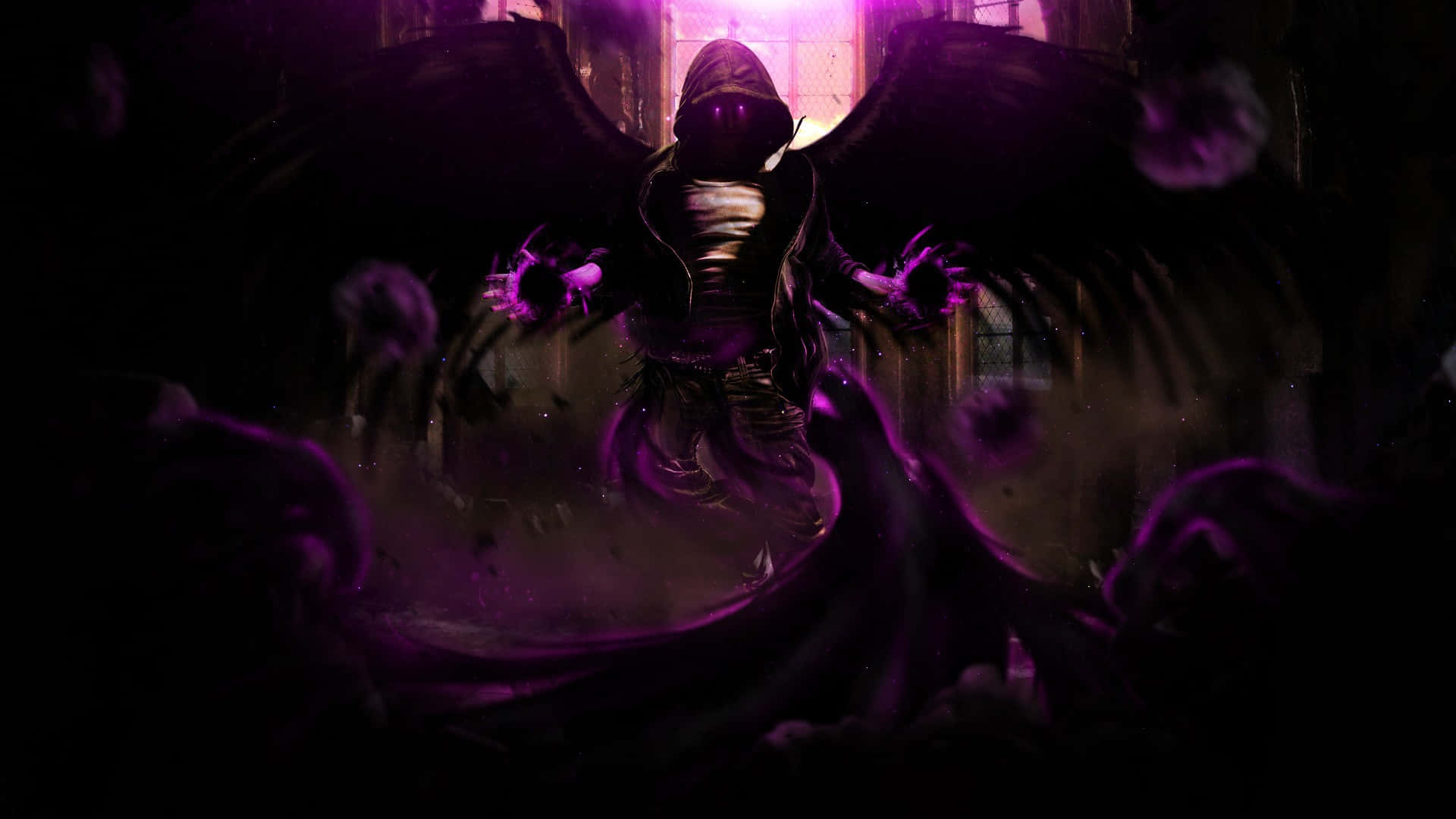 Sorcerer, massive black wings, glowing purple eyes, Full HD Desktop Wallpaper
