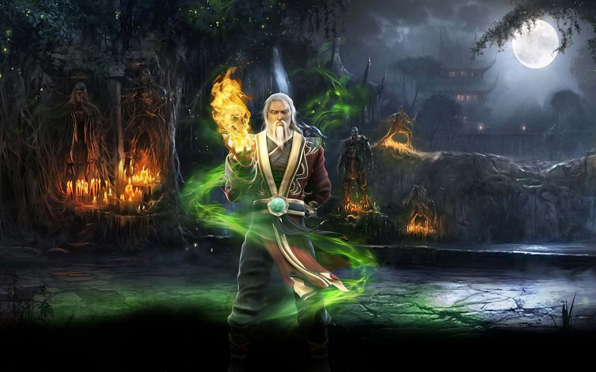 Sorcerer, white hair, fiery and green magic, Full HD Desktop Wallpaper