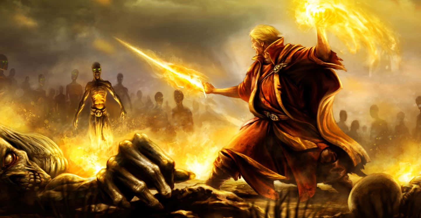 Sorcerer, red cloak, blazing sword, HD Desktop Wallpaper