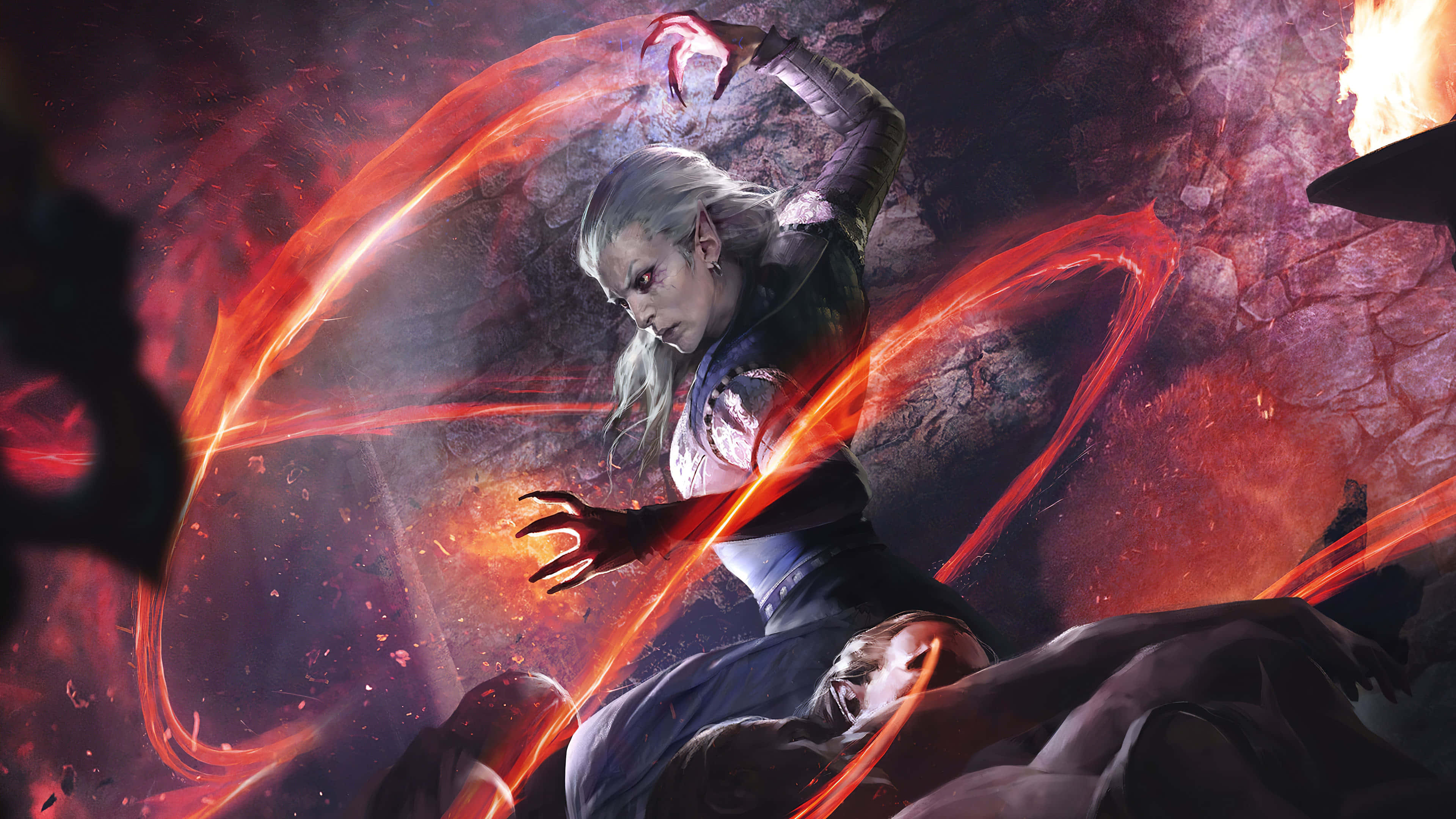 Sorcerer, pale-haired warrior, glowing red energy, 4K Desktop Wallpaper