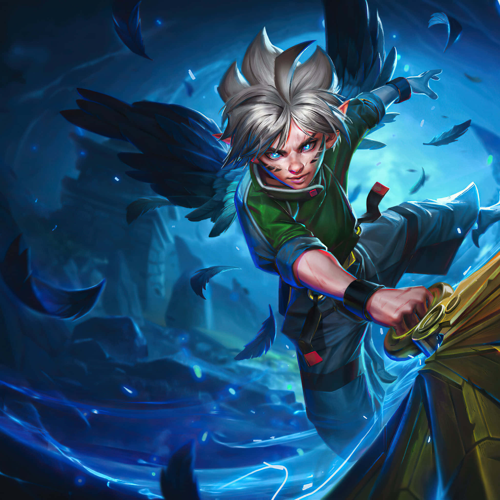 Sorcerer, silver hair, dark wings, Full HD Desktop Wallpaper