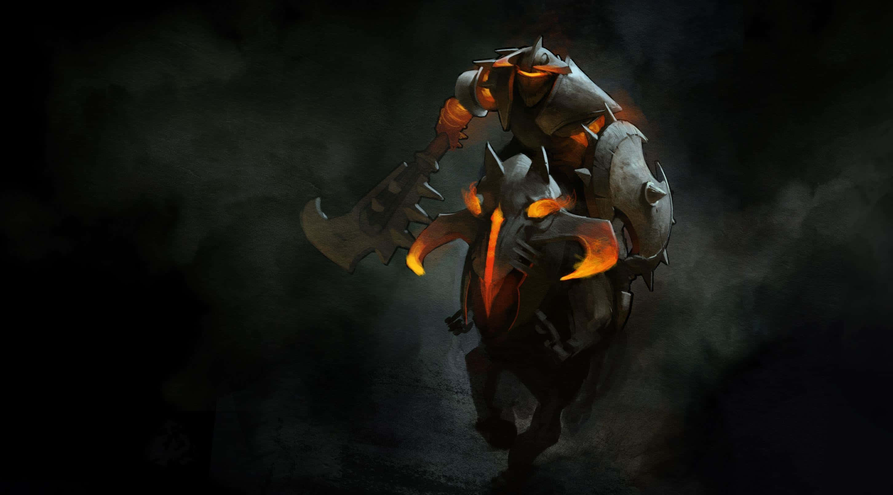 Sorcerer, glowing orange accents, massive spiked axe, 2K Desktop Wallpaper