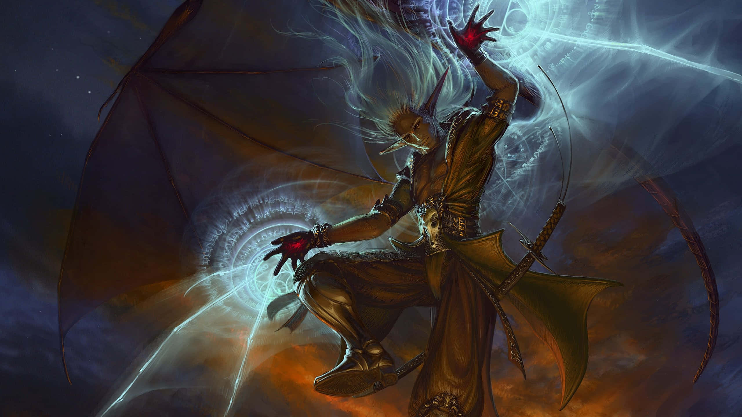Sorcerer, glowing red hands, dark wings, 2K Desktop Wallpaper