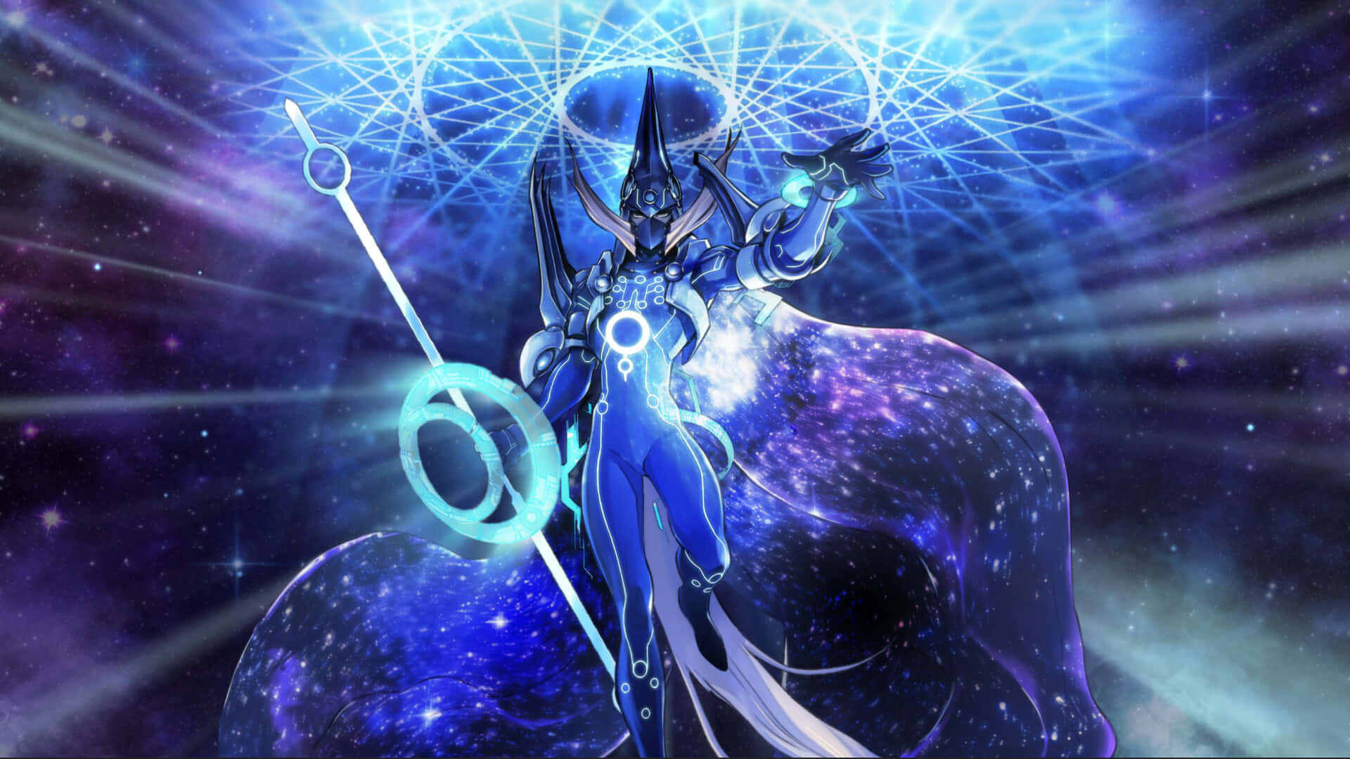 Sorcerer, blue armor, glowing staff, Full HD Desktop Wallpaper