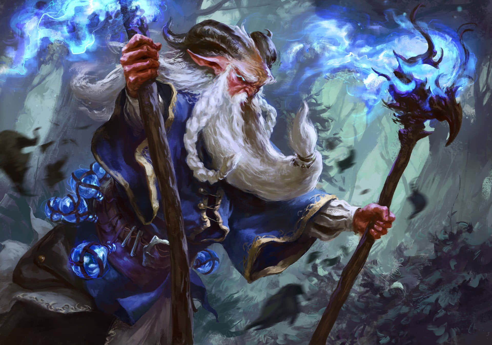 Sorcerer, glowing blue staffs, dark forest, Full HD Desktop Wallpaper