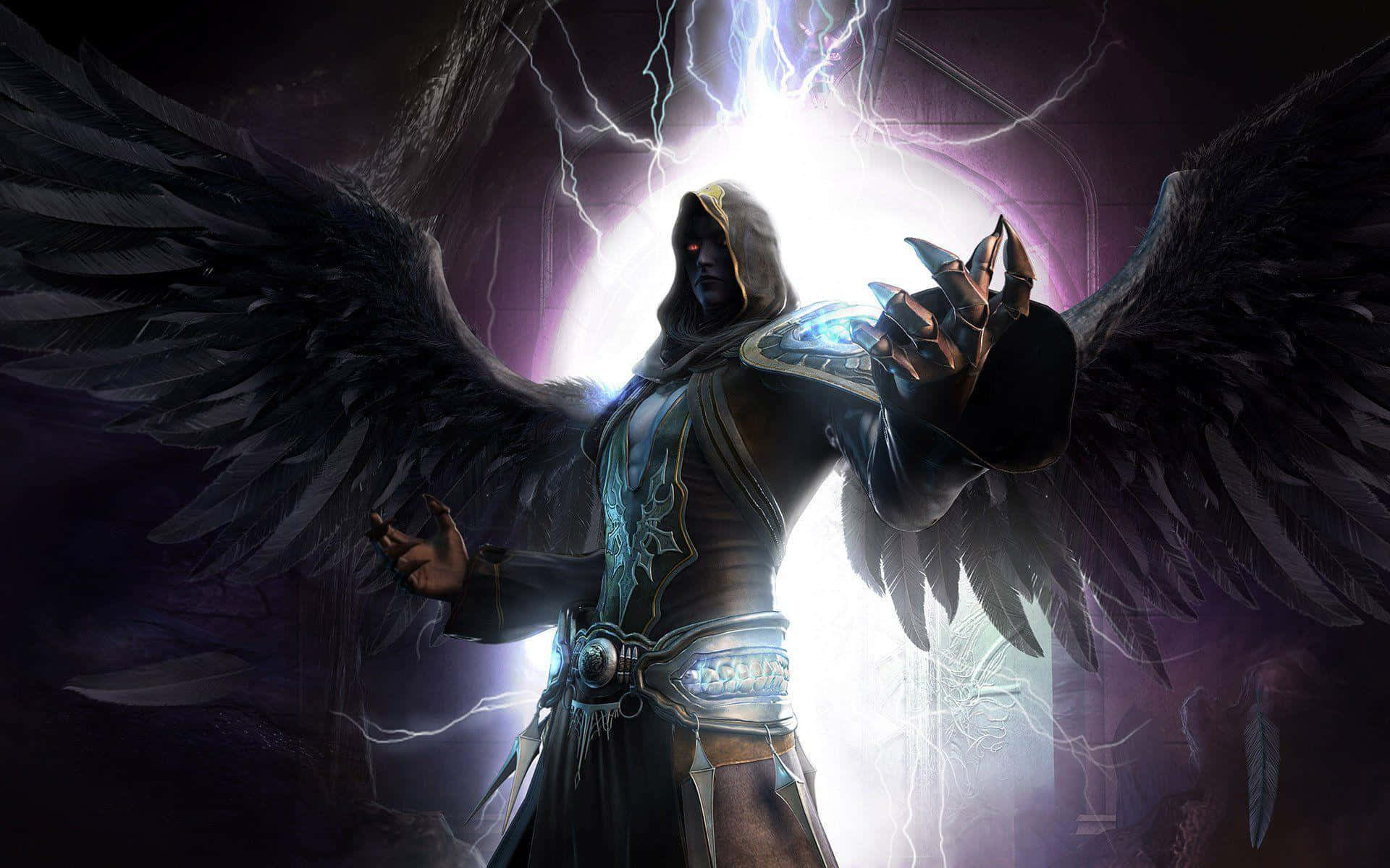 Sorcerer, dark-winged angelic figure, glowing eyes, Full HD Desktop Wallpaper