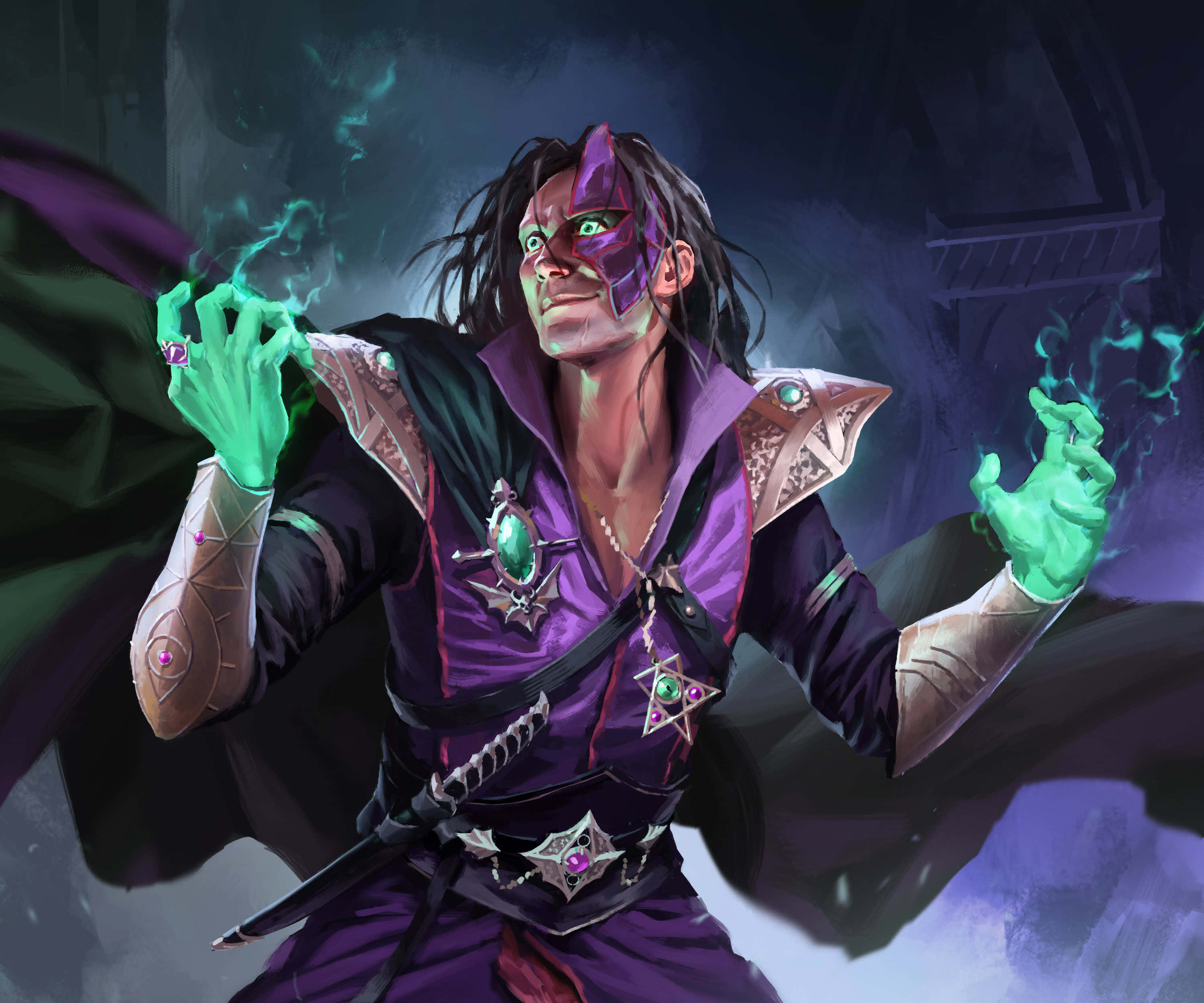 Sorcerer 3000, purple robes, glowing green magic, 2K Desktop Wallpaper