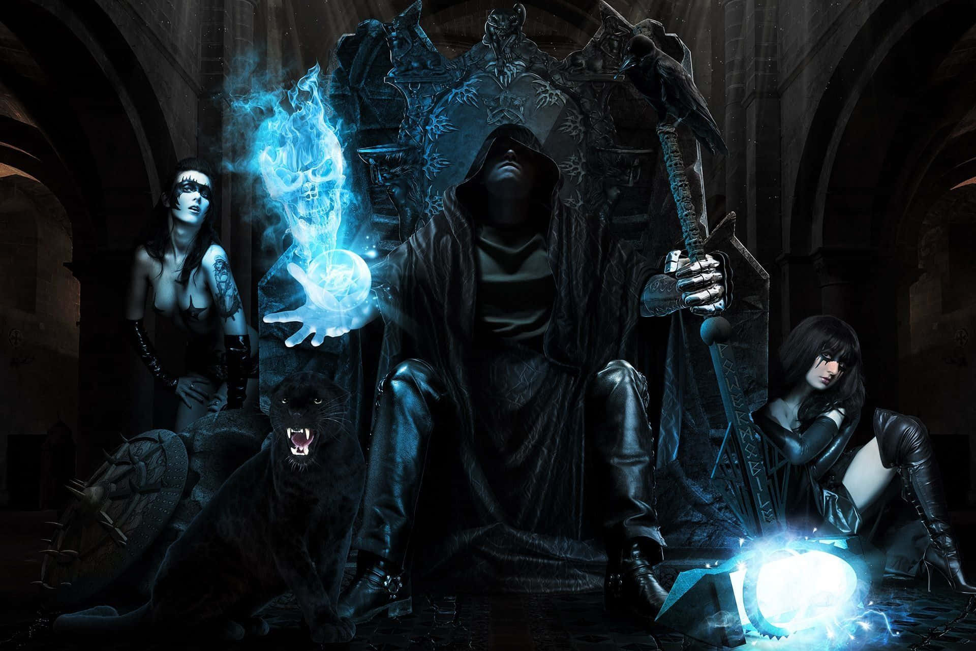 Sorcerer, hooded dark figure, glowing blue magic, Full HD Desktop Wallpaper