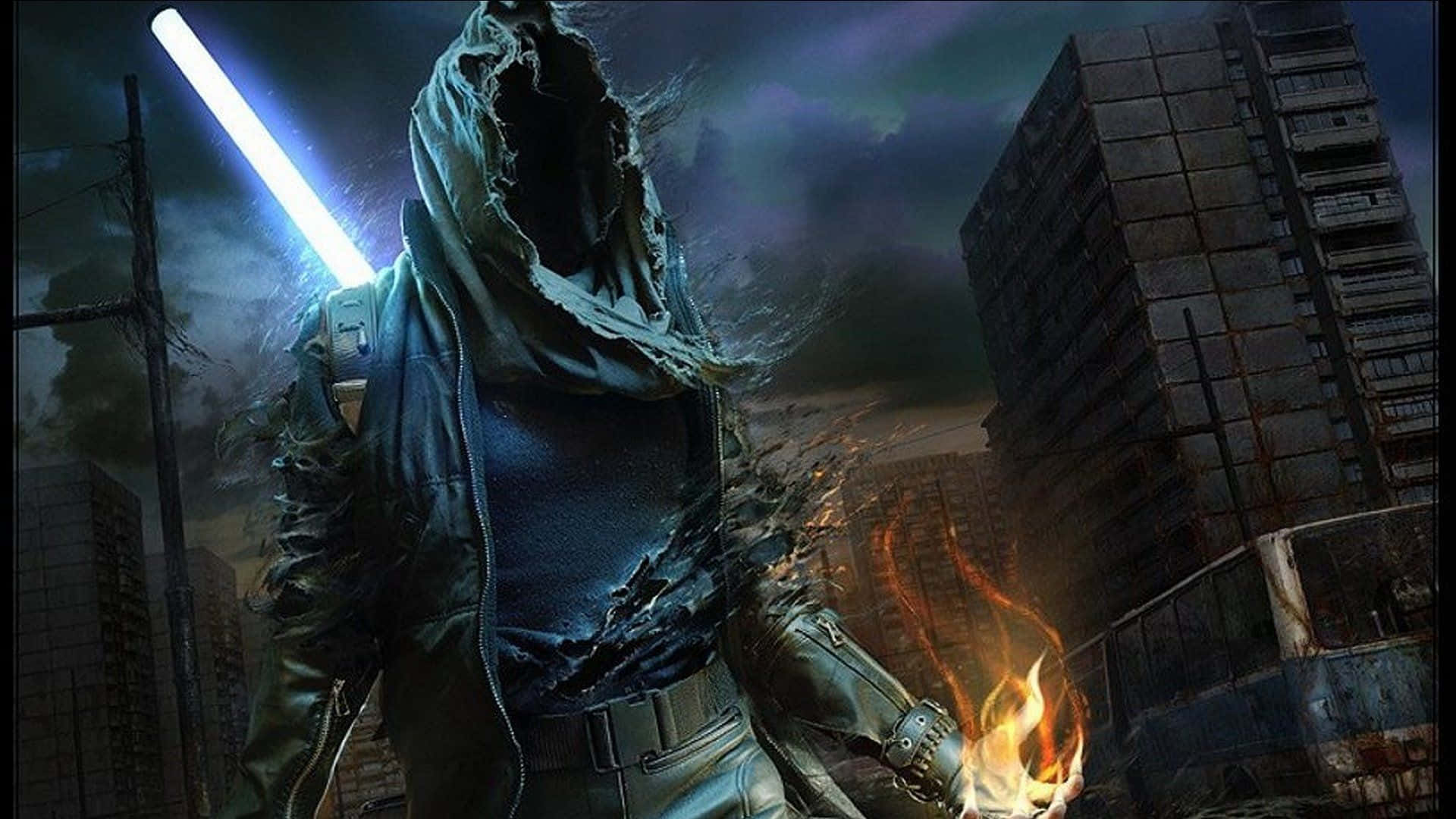 Sorcerer, glowing blue sword, fiery gauntlet, Full HD Desktop Wallpaper