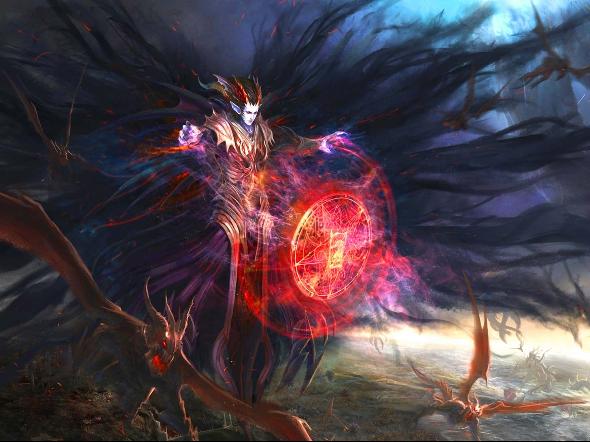Sorcerer, glowing red magic, demonic wings, Full HD Desktop Wallpaper